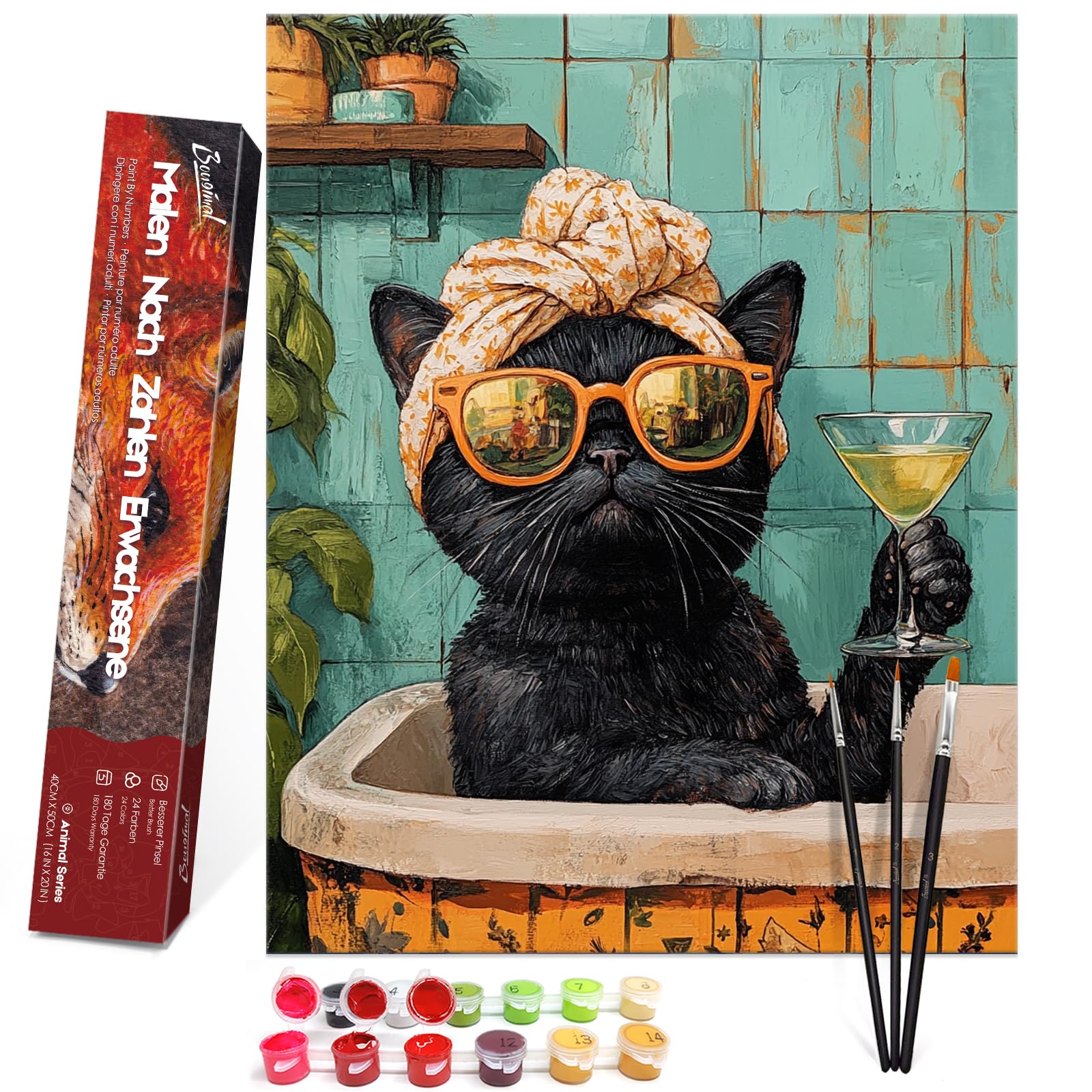 Bougimal Peinture par Numéros Animaux adultes avec pinceaux et peinture acrylique - 40 x 50 cm, Sans Cadre, Chat se baignant