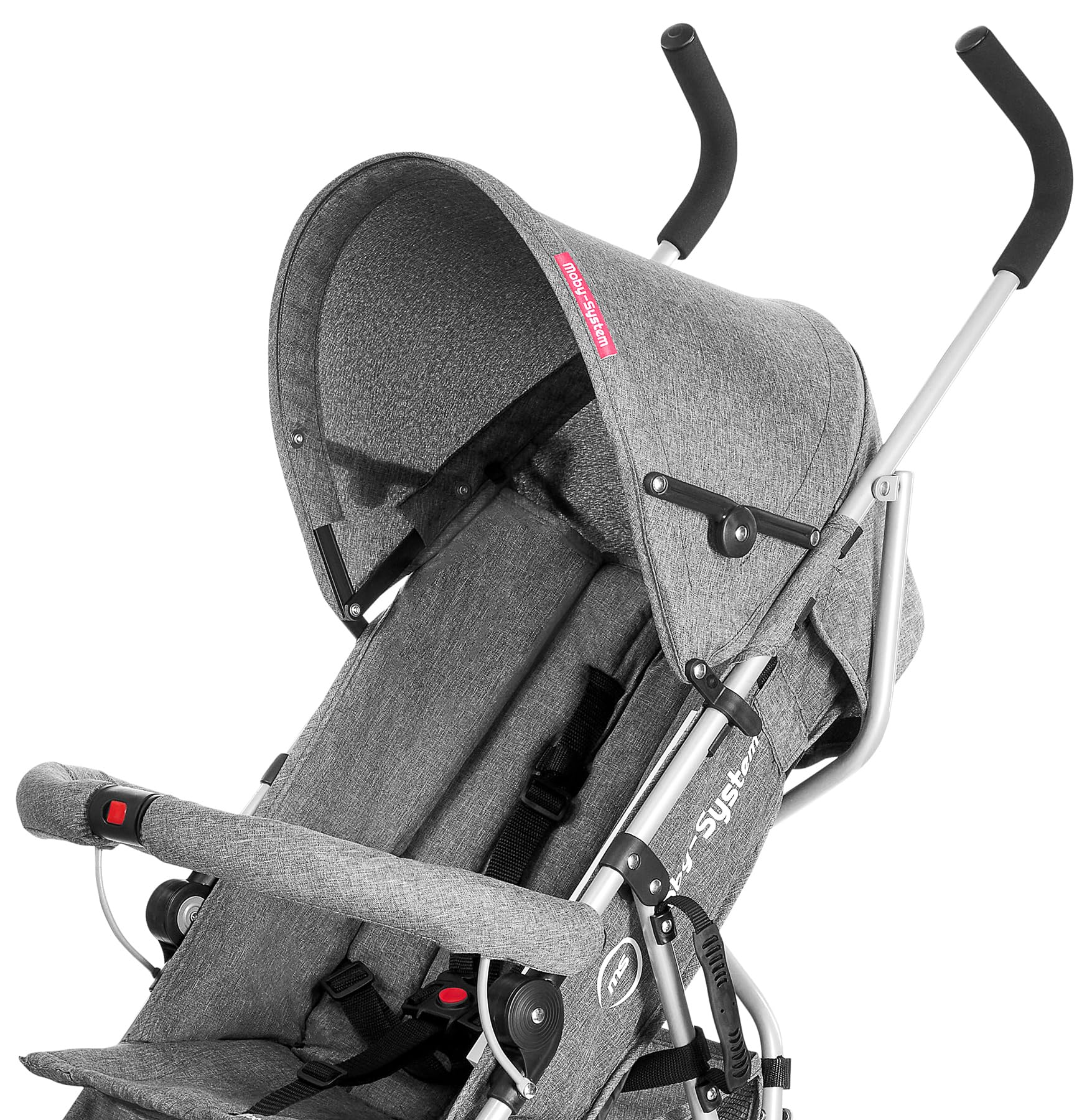 Moby-System Silla de Paseo Tipo Paraguas, Gris, Acero, Tejido y Plástico, para Niños, Arnés de 5 Puntos, Carga Máx. 15 kg