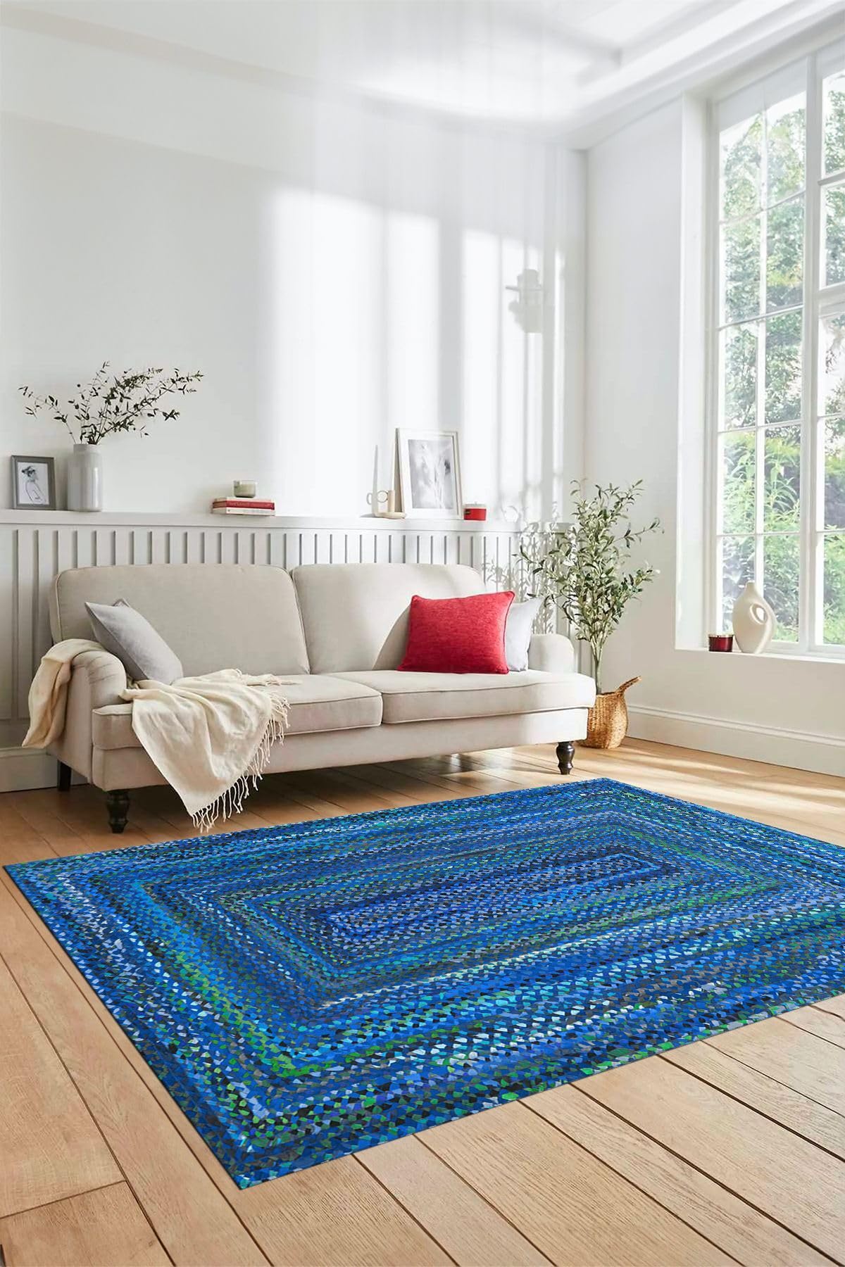 Evdeya Dijital Baskılı Kaymaz Taban Yıkanabilir Jüt Hasır Desen yolluk Mutfak Salon Halısı JÜT-05, Mavi, 80 x 300