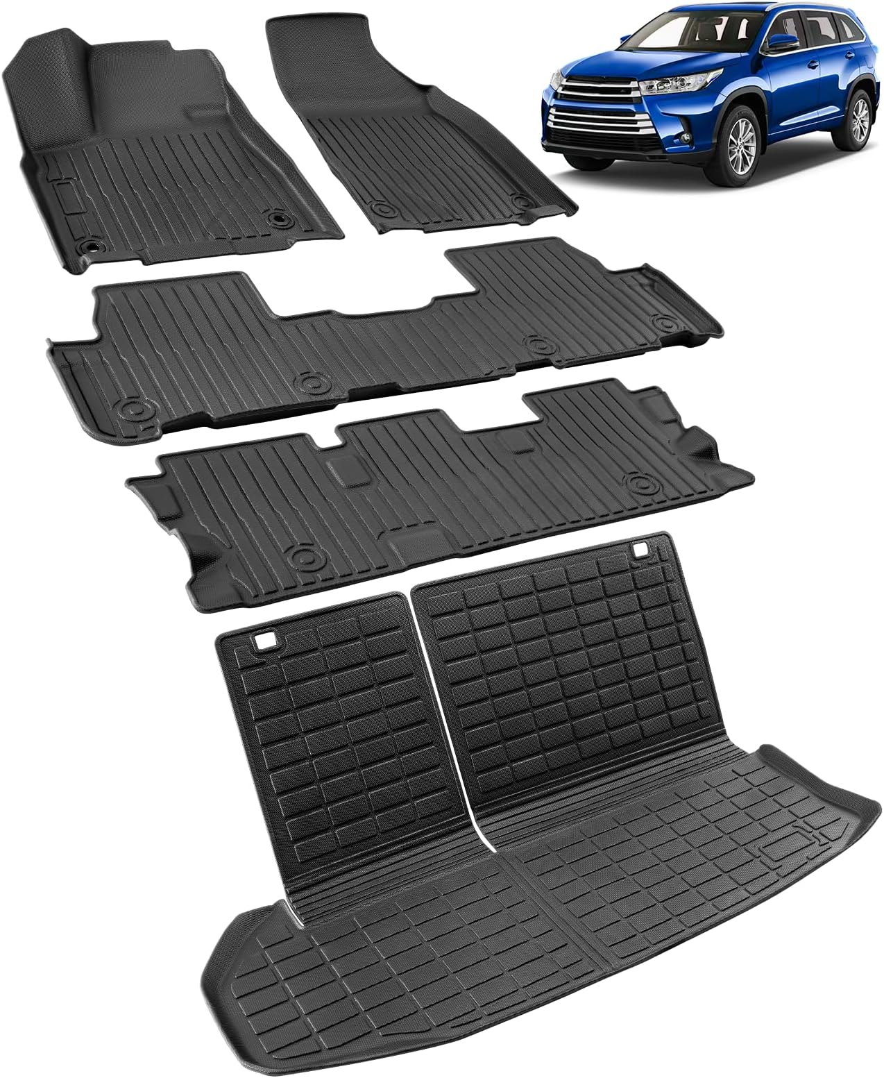 All-Weather Floor Mats & Cargo Liner for Toyota Highlander 2014-2019 | 7-Seat Custom Fit Front/Rear/3rd Row Floor Mats & Cargo Cover with Rear Seat Back Protectors for LE Plus XLE SE Limited Platinum