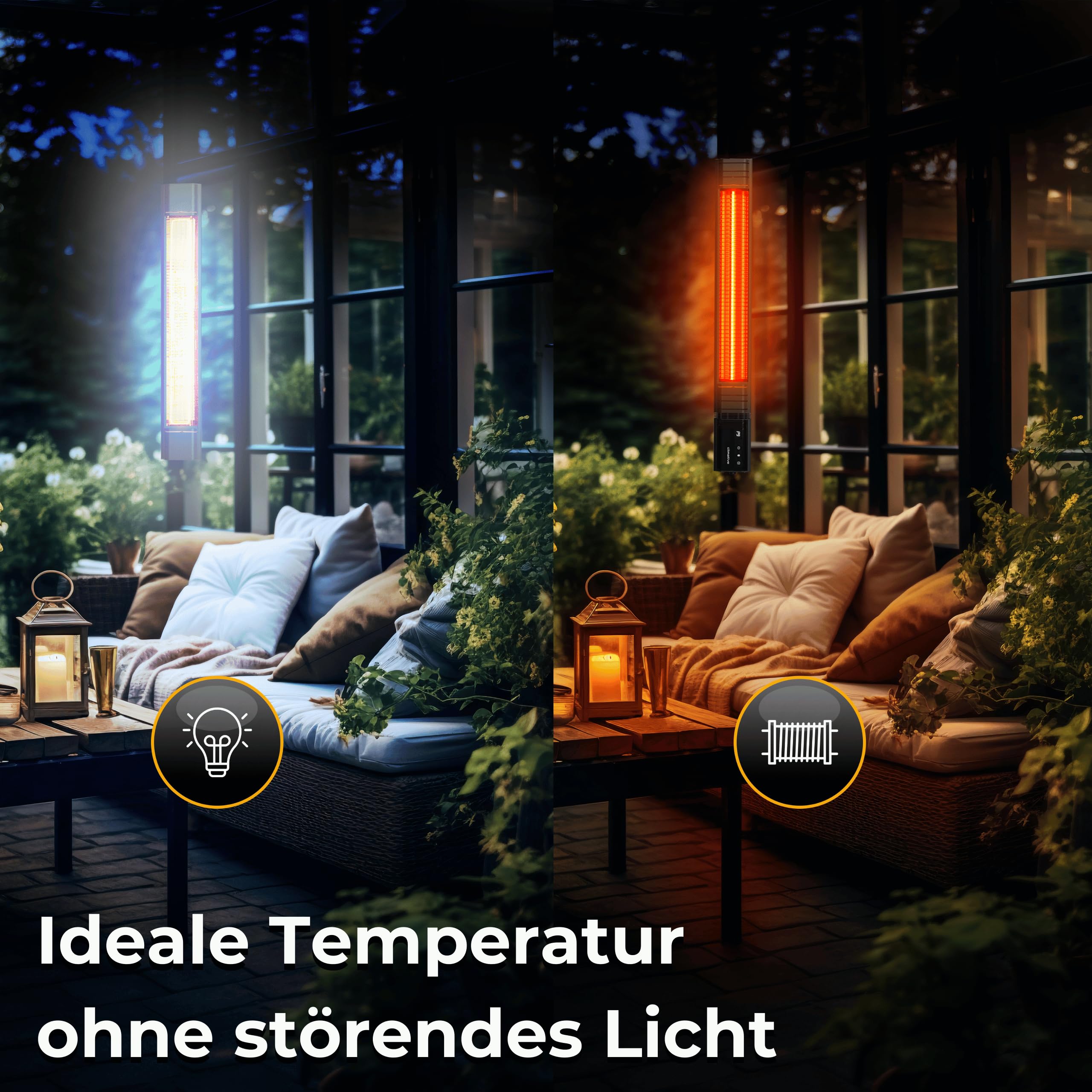 Infrarot Heizstrahler 2500W, 9 Stufen, IP65, Montageketten, Fernbedienung, Timer, Elektroheizung RAY, Terrassenheizer Outdoor, Wandheizung, Infrarotheizung, Heizstrahler Terrasse & Innenraum