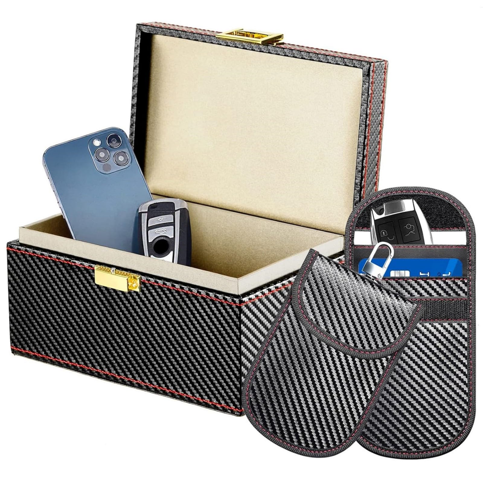 Il set di supporti per schermatura elettromagnetica include 1 scatola sicura e 2 sacchetti di blocco per pianificatore di texture in pelle per veicoli