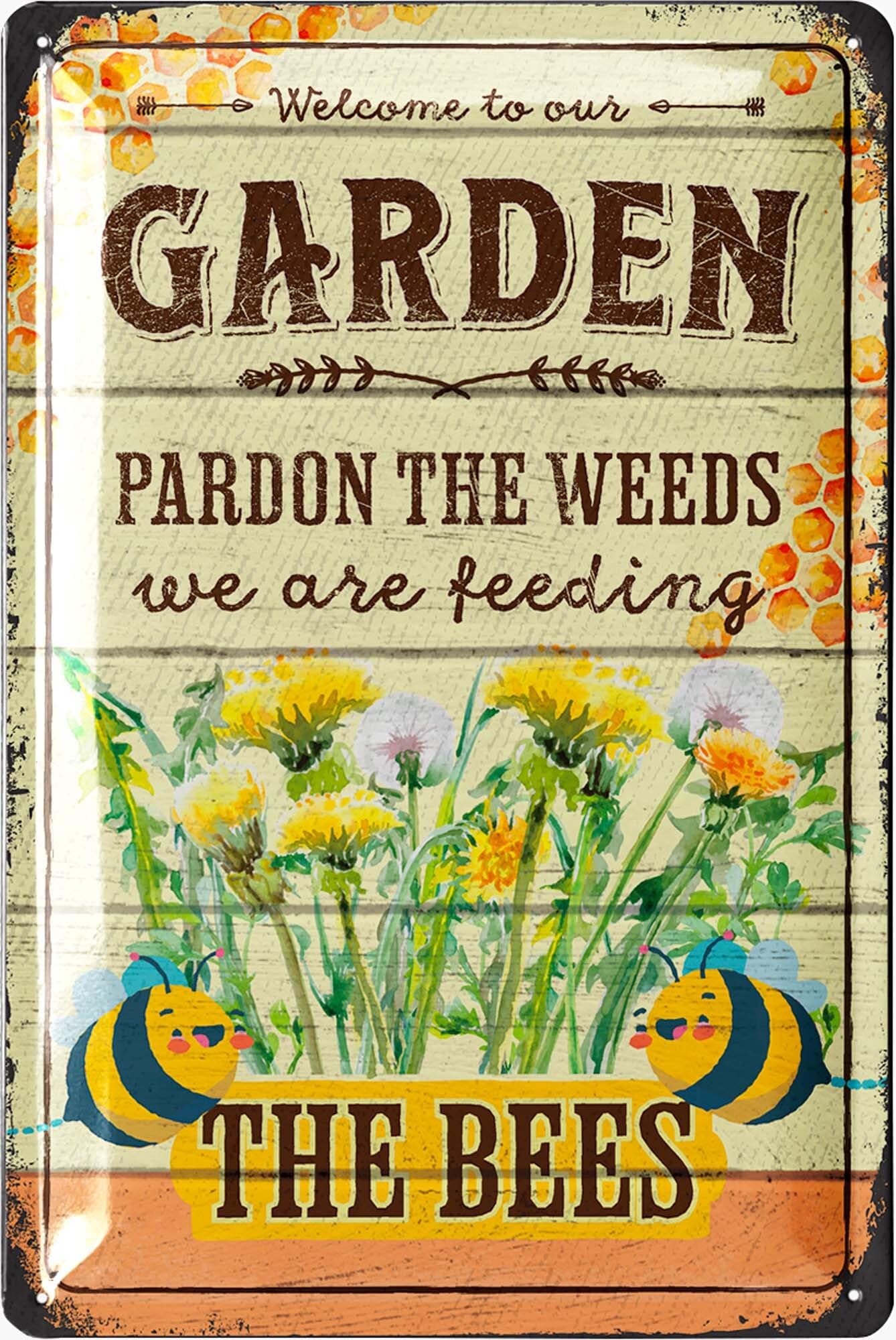 Lanolu Pardon The Weeds Vintage Tin Sign Garden We Are Feeding The Bees, Farmhouse Metal Signs, Funny Garden Signs, Garden Plaque Decorative Outdoor Metal Signs For Outside Wall, Porch Patio 12X8"