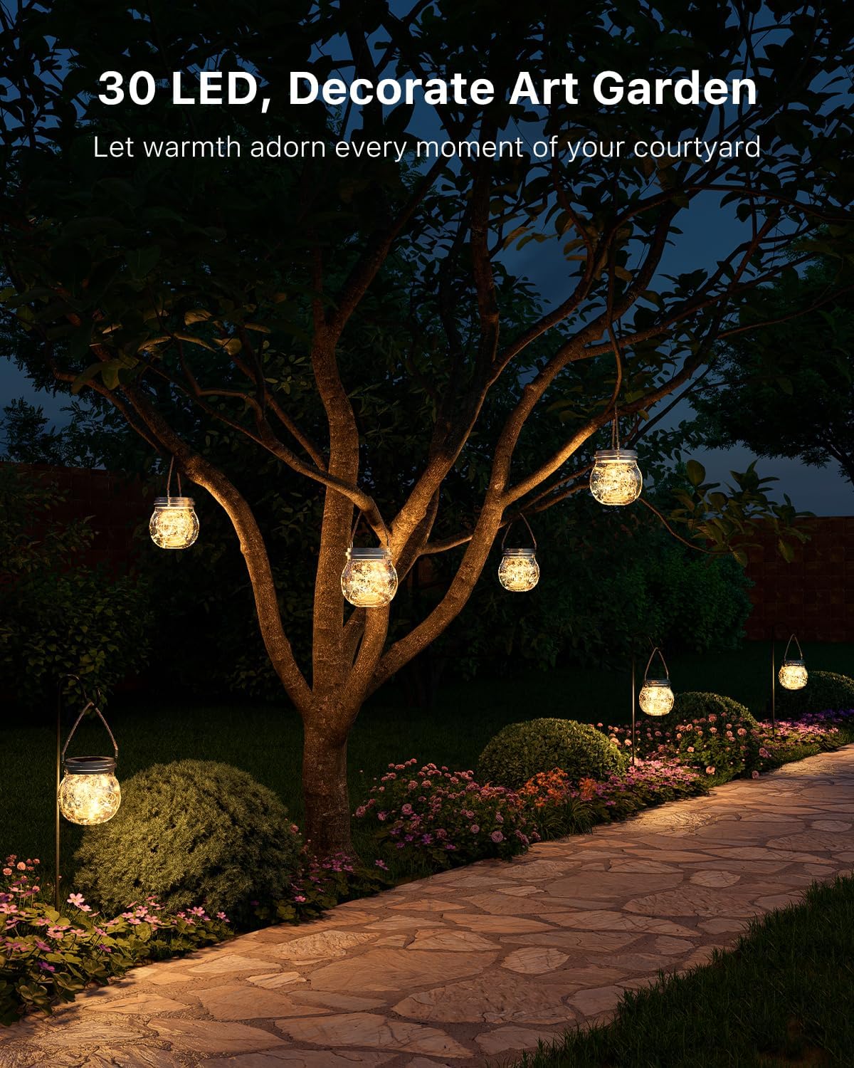 6 Pack Solar Powered Crackle Glass Ball Lantern Outdoor Waterproof Clear Sphere Hanging Lights for Garden Lawn Yard Patio Porch Decor, Automatic On/Off Designed for No Wiring and Electric - Warm White
