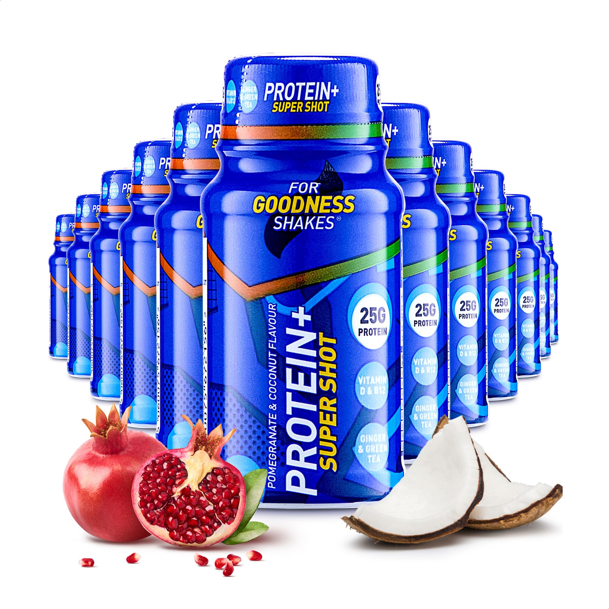 For Goodness Shakes Protein+ Super Shot, 25g Pure Protein, Pomegranate & Coconut Flavour, Carb-Free, 100 Calories, No Added Sugar, Vitamin D & Vitamin B12, Ready-To-Drink, Pack of 12 60ml shots