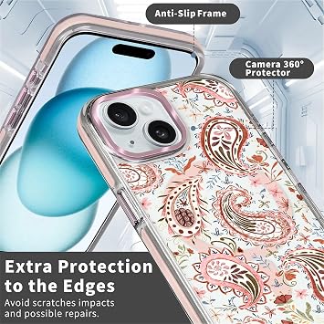 iPhone 15用クリア磁気ケース、スリムアンチイエロー透明カバー、ミリタリーグレード保護、iPhone 15用フォンケース、フォークペイズリー