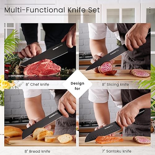 Miniatura 6 de Astercook Juego de cuchillos de cocina de 15 piezas con bloque y afilador de cuchillos integrado, mango de acero inoxidable alemán de una sola