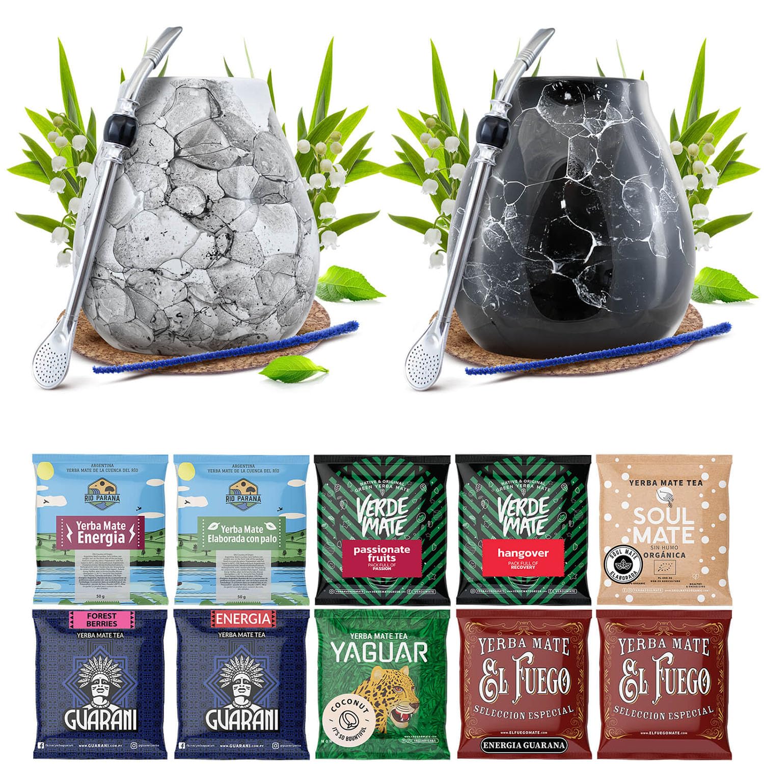 Yerba maté set pour deux avec accessoires | Yerba maté Yaguar, Verde Mate, Soul Mate, Guarani, El Fuego, Rio Parana | Calebasse, bombilla et accessoires | 10x50g | Caféine naturelle | 500g | 0,5kg