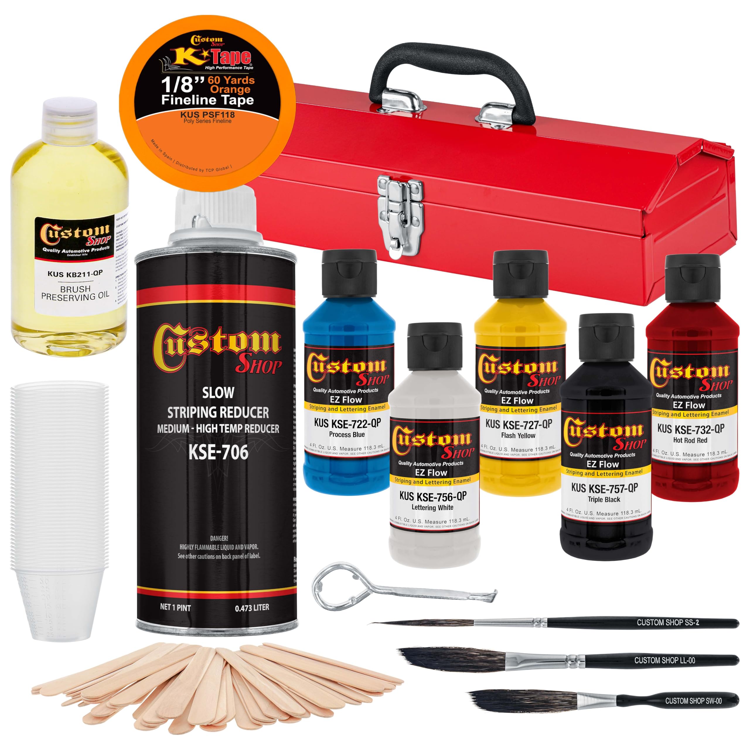 Custom ShopPinstriping Deluxe Box Kit - 5 Colors, Tape, Chart, Reducer, Starter set of (3) Striping Brushes, Mix Sticks and Mixing Cups - Storage Box