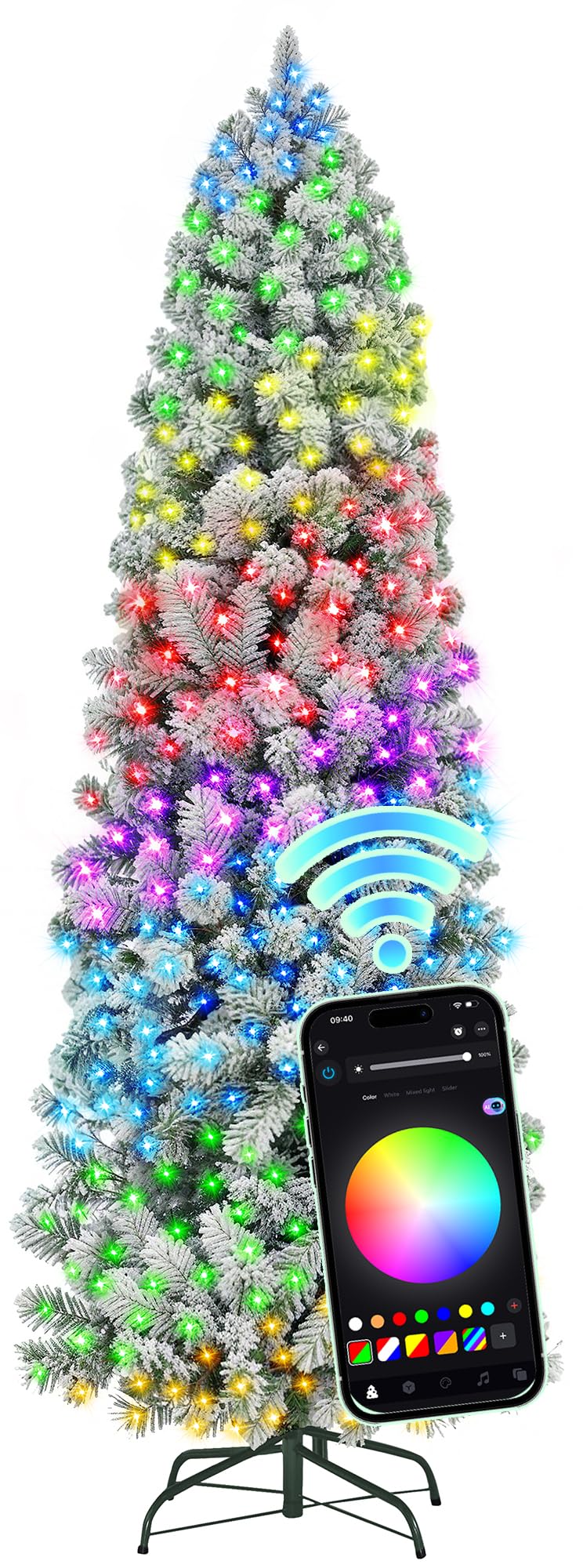 HOLLO STAR 6 ft Flocked Prelit Christmas Tree with 250 LED Lights, App Control, Skinny Artificial Pencil Christmas Tree, Multi-Color RGBW Lights, 770 Branch Tips, for Small Space, Home, Party