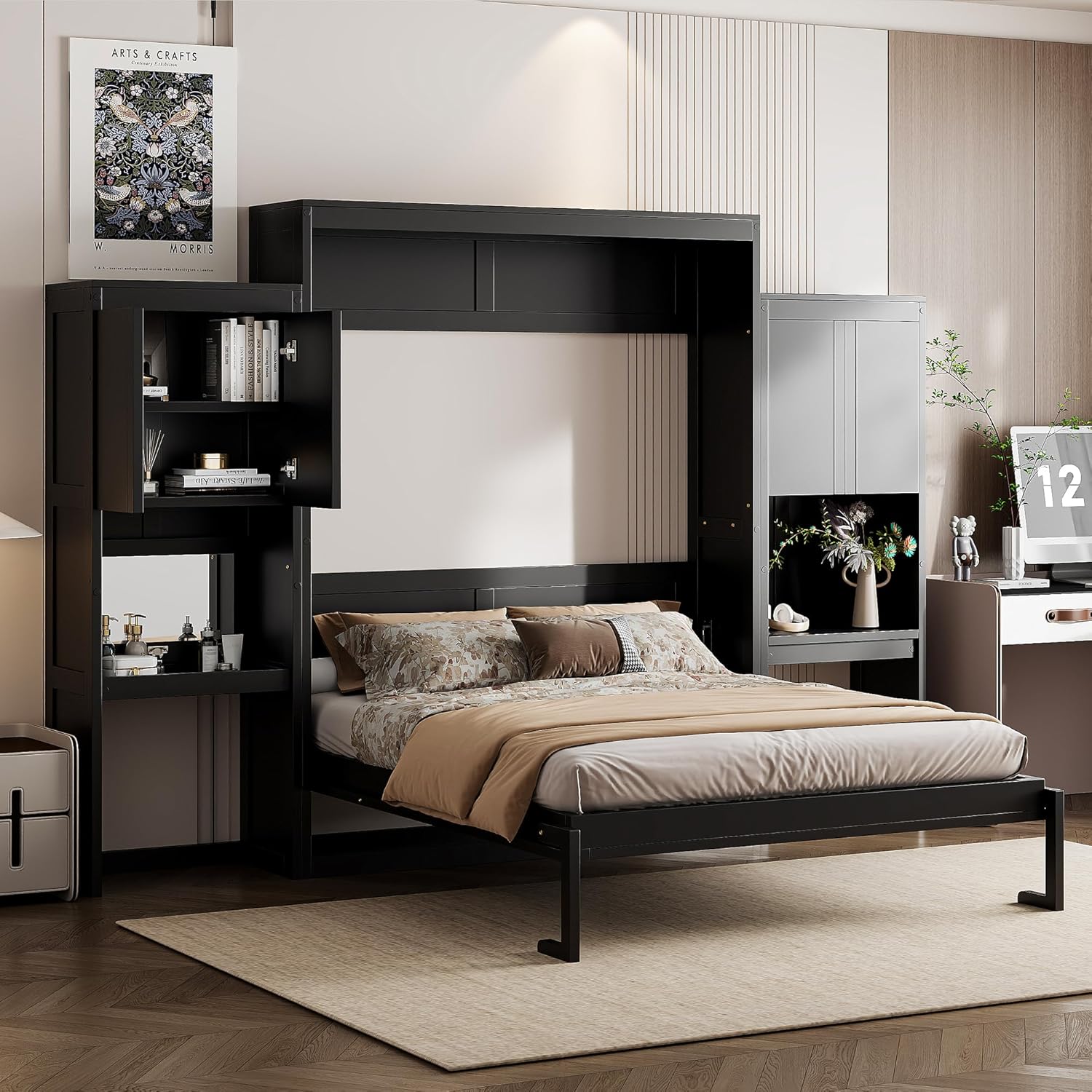 Queen Size Murphy Bed with 2 Doors Bookshelf and Vanity, Traditional Solid Wood Wall Bed, Can be Folded Platform Bed for Guest Room Home Office (Espresso-4.23)