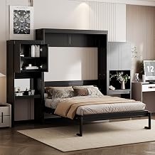 Ball & Cast Murphy Bed Queen Size,Wood Storage Hide Cabinet Wall Beds with Desk and Vanity,Space-Saving Bedroom Furniture w/Cabinets & Mirror,can be Folded for Home Office,Study,Guest Room,Espresso