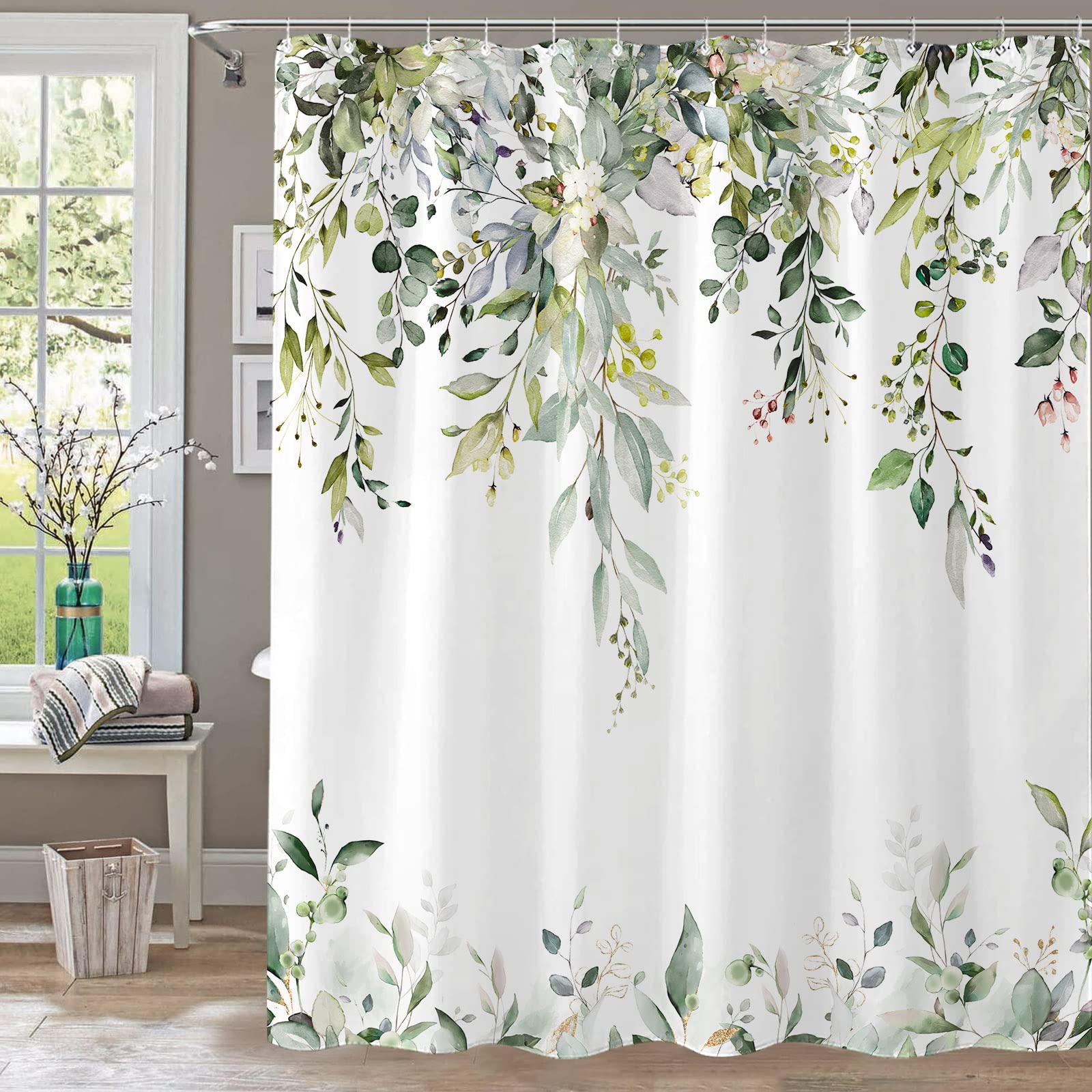 kampdream Eucalyptus Plant Rustic Shower Curtain, Watercolor Leaves On The Top Country Farm House Shower Curtain, Spring Botanical Bathroom Curtain 72