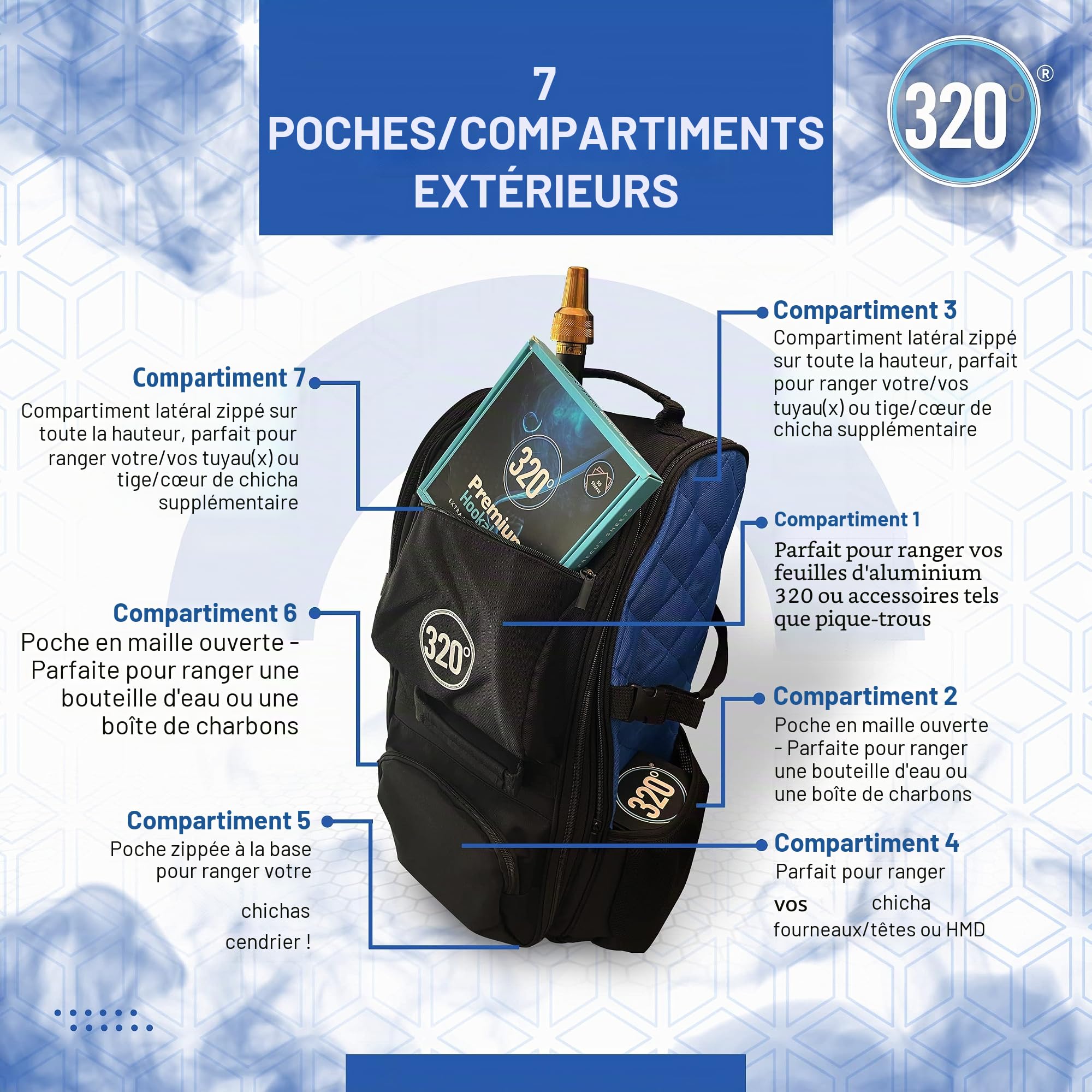 Grand sac de transport pour chicha narguilé Sac de transport Sac à dos de transport 14 compartiments Noir et bleu Sac de voyage, noir/bleu, Sac de voyage