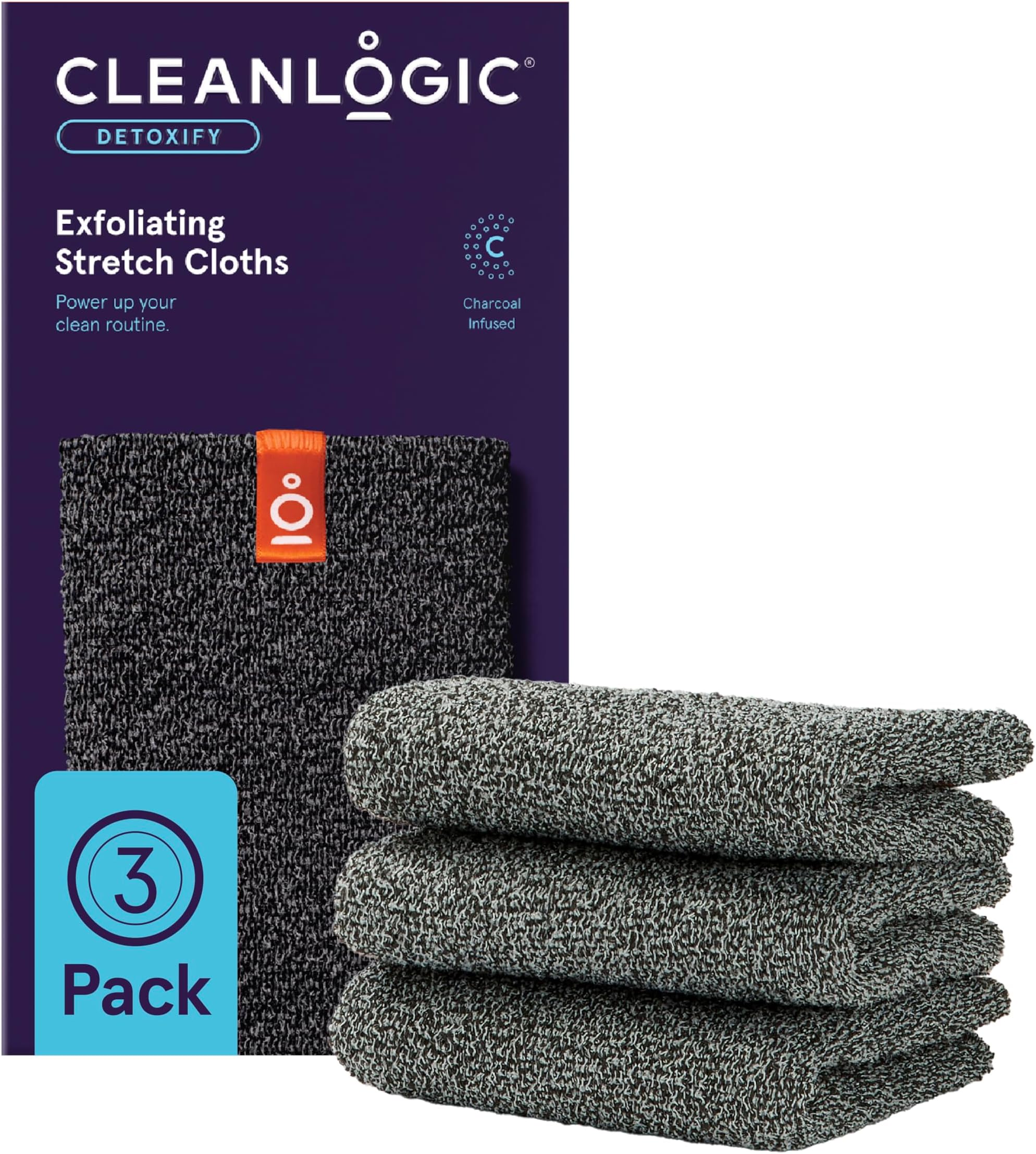 CleanlogicBody Exfoliating Cloth, Stretchy Detox Charcoal Infused Exfoliator Bath and Shower Washcloths, Reusable Daily Skincare Tool, 3 Count Value Pack