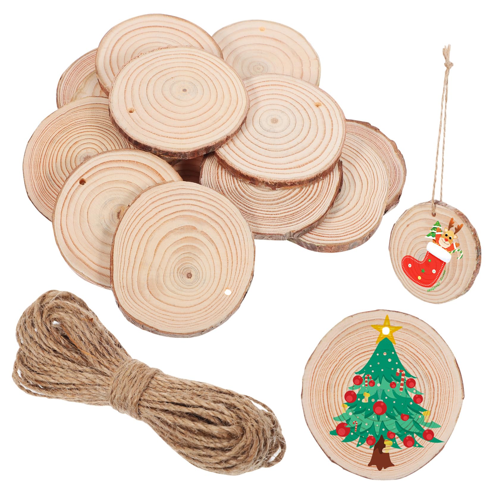 NUOBESTY 50stücke Unbehandelte Holzscheiben Für Diy Bastelprojekte Mit Jute-schnur Natürliche Holzornamente Für Hochzeiten Weihnachten Und Heimdekoration
