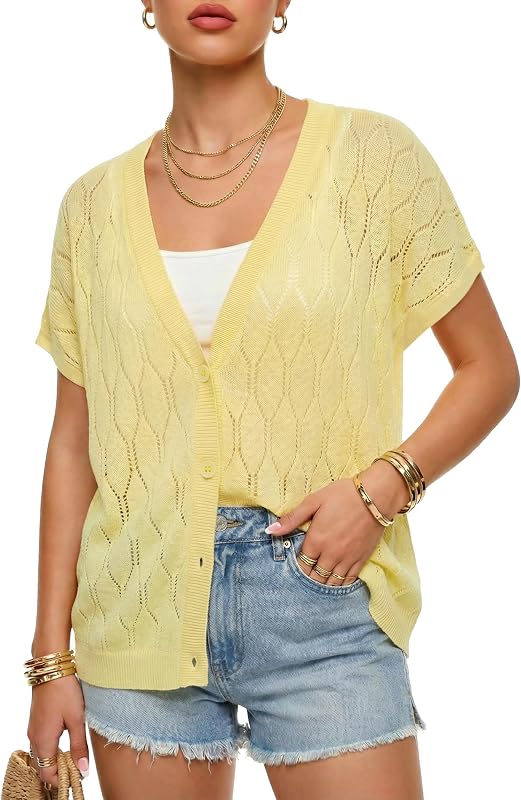 Womens Lightweight Short Sleeve Cardigan Sweaters Crochet Summer