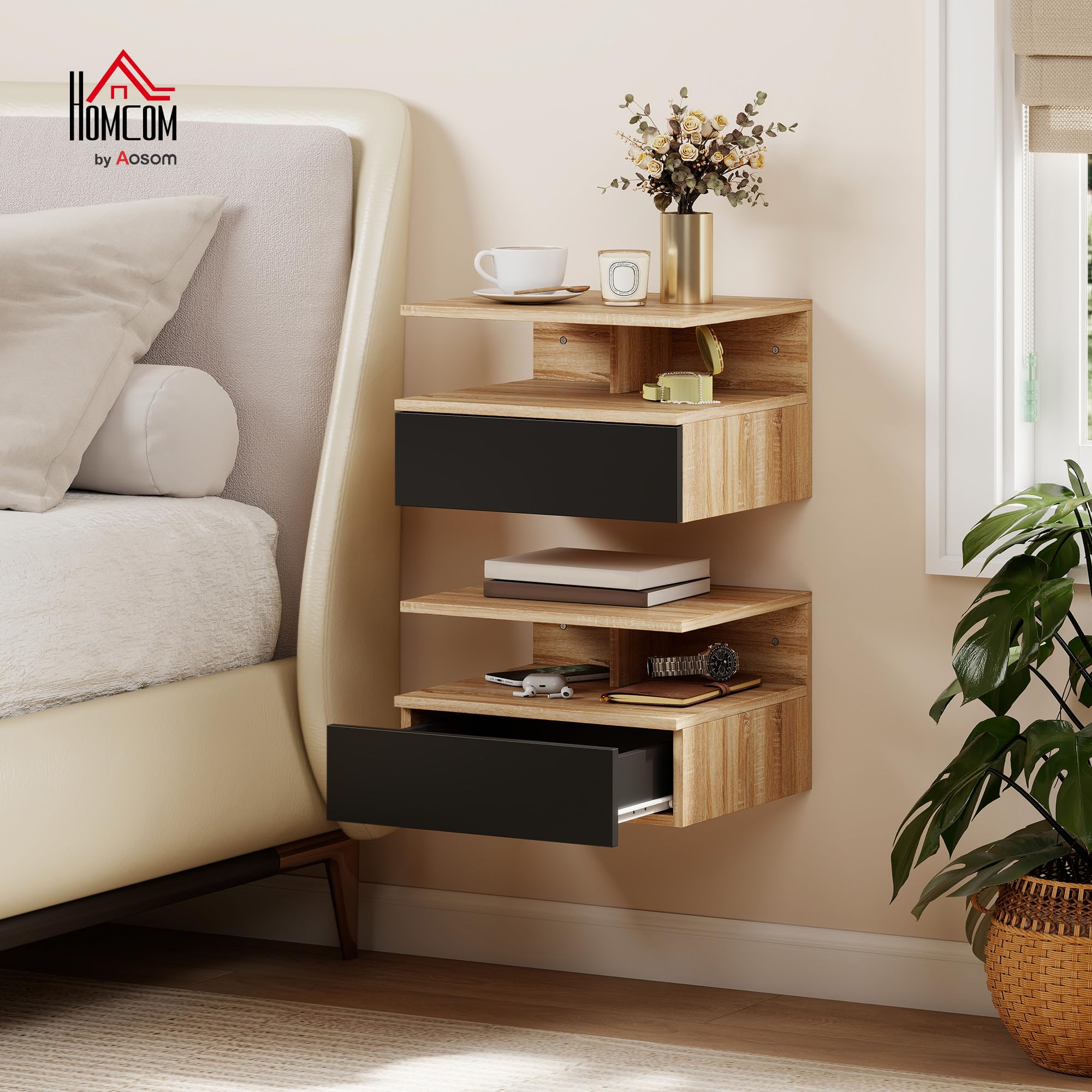 HOMCOM Set da 2 Comodini Sospesi per Camera da Letto, 2 Comodini per Camera da Letto Soggiorno, Salvaspazio Design, con Cassetto e Mensola Superiore in Legno, 35x32x22.5cm, Nero e Rovere