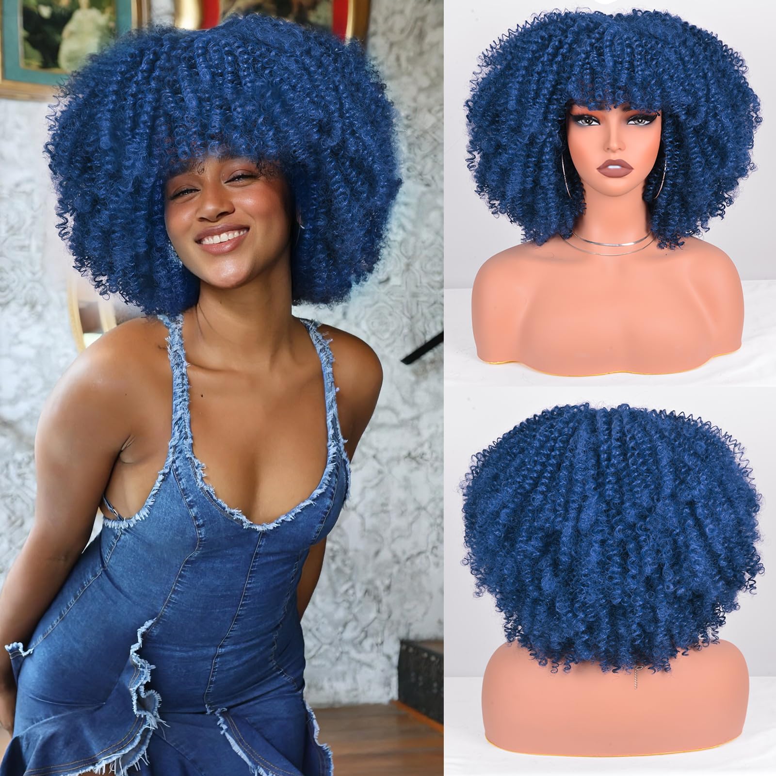 Vitorish Afro Curly Wigs for Black Women Afro Bomb Kinky Curly Wig with Bangs 12 Inches about 280g Fluffy and Soft Glueless Synthetic Hair Wig (Dark