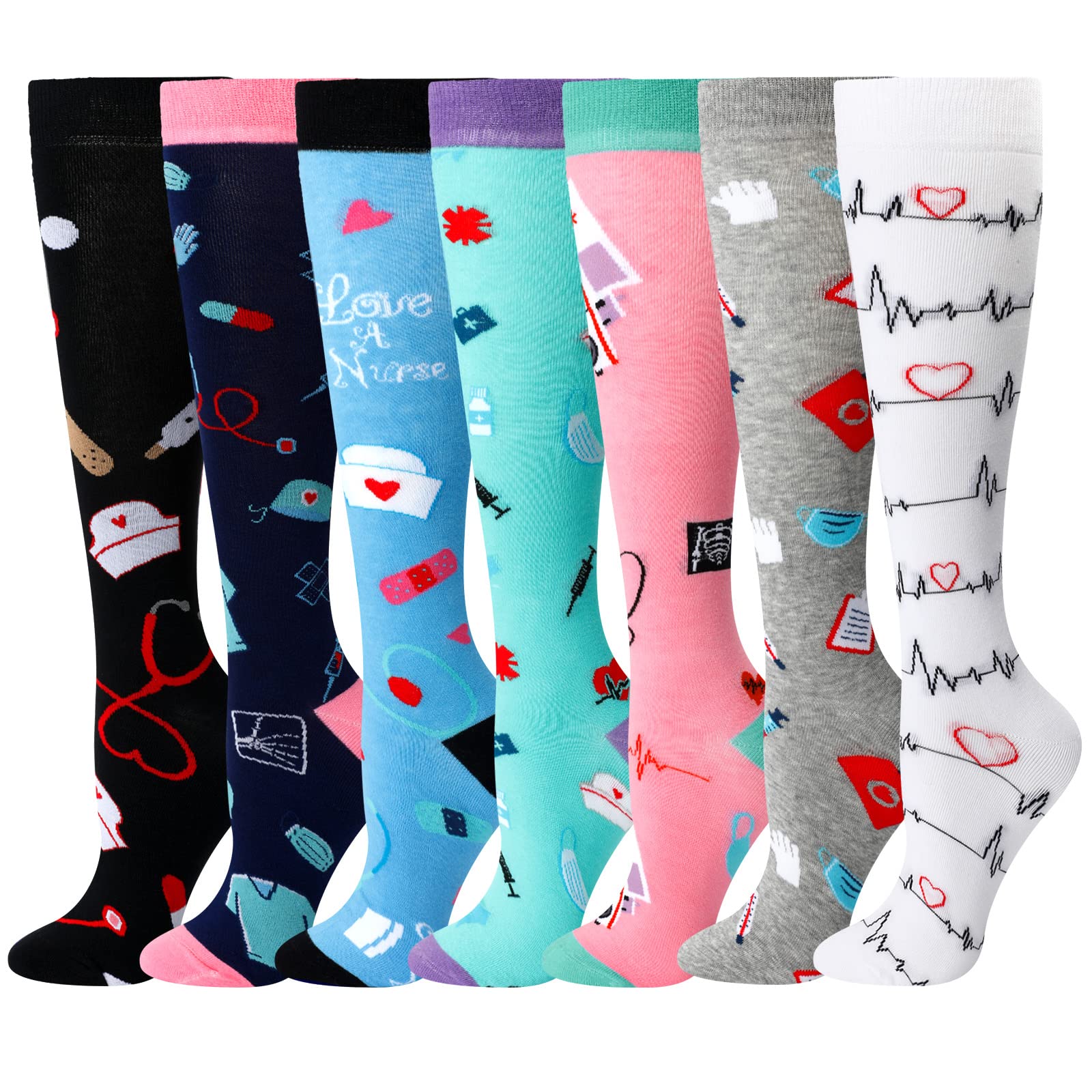 Wesiti 7 Pairs Nurse Compression Socks for Women Nurse Appreciation Gifts Unisex Knee Long Athletic Medical Socks for Doctors Assistant Athletic Outdoor Sport