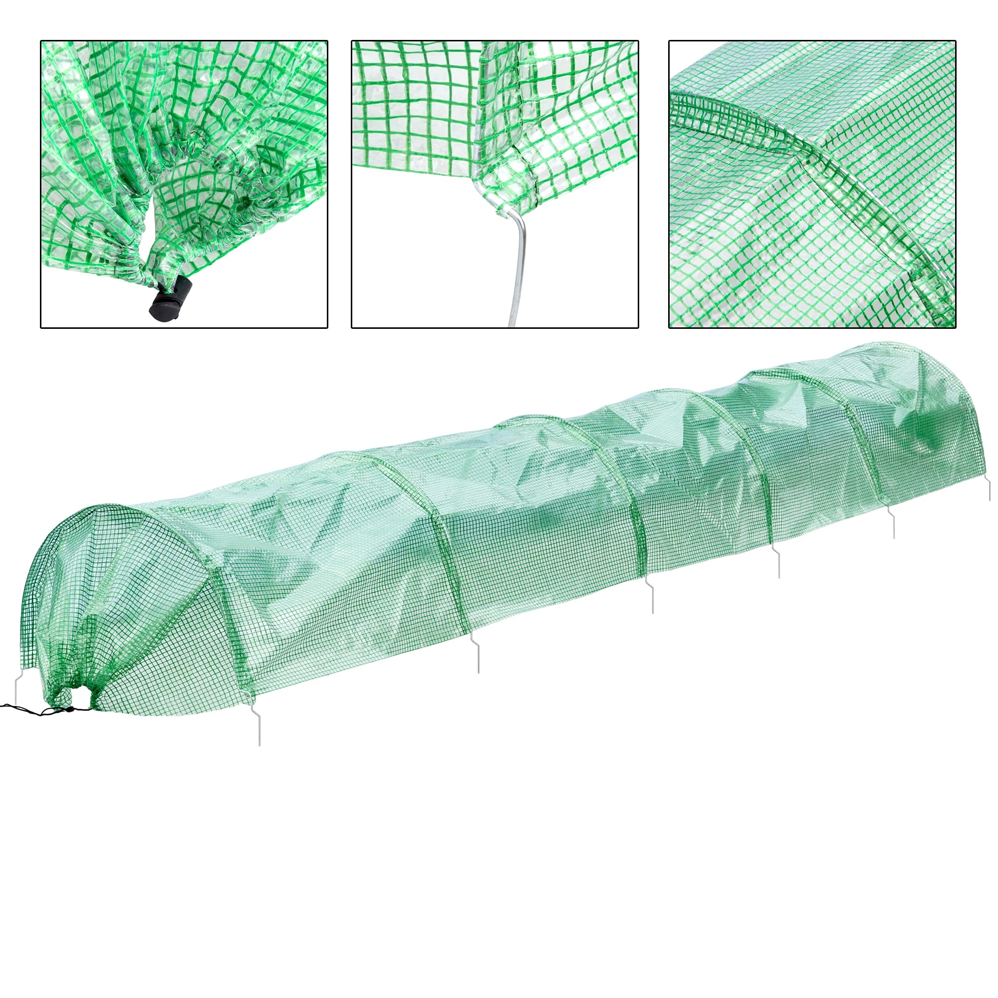 ECD Germany Tunel Foliowy Roślinny 300x55x35 cm 3m Przezroczysty/Zielony Folia PE-Siatka 135 g/m² z 6 Zakrzywionymi Drutami Stalowymi Ø 2mm, Szklarnia Chłodnia