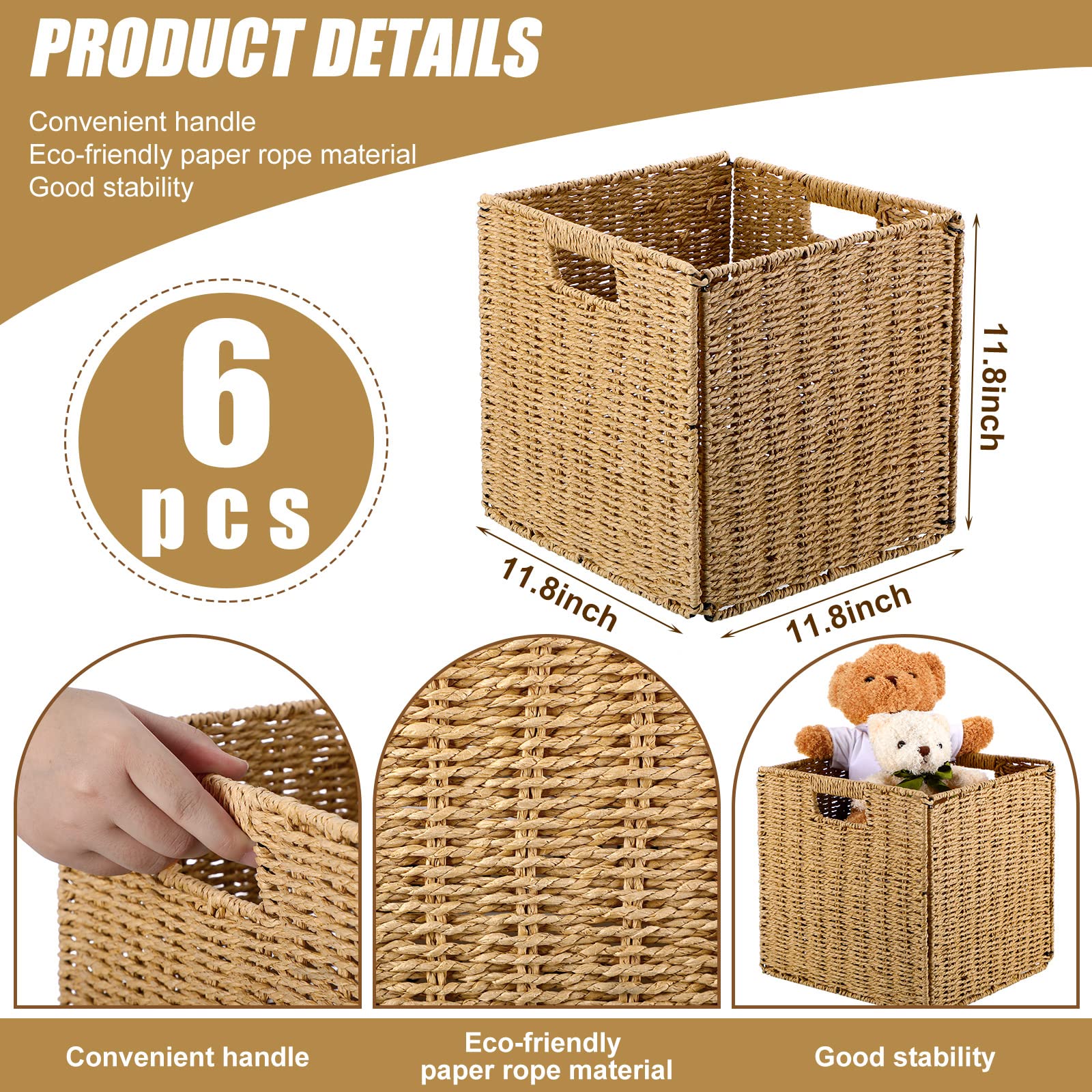Paper Rope Storage 6 Pcs Handwoven Paper Rope Large Storage Basket Foldable Woven for Home ...