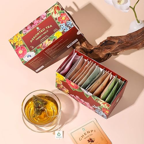 Vista 3 de TEAFAY Surtido de muestras de té – 9 sabores, 18 bolsas de té piramidales envueltas individualmente, 100% natural, seleccionado a mano, hoja entera