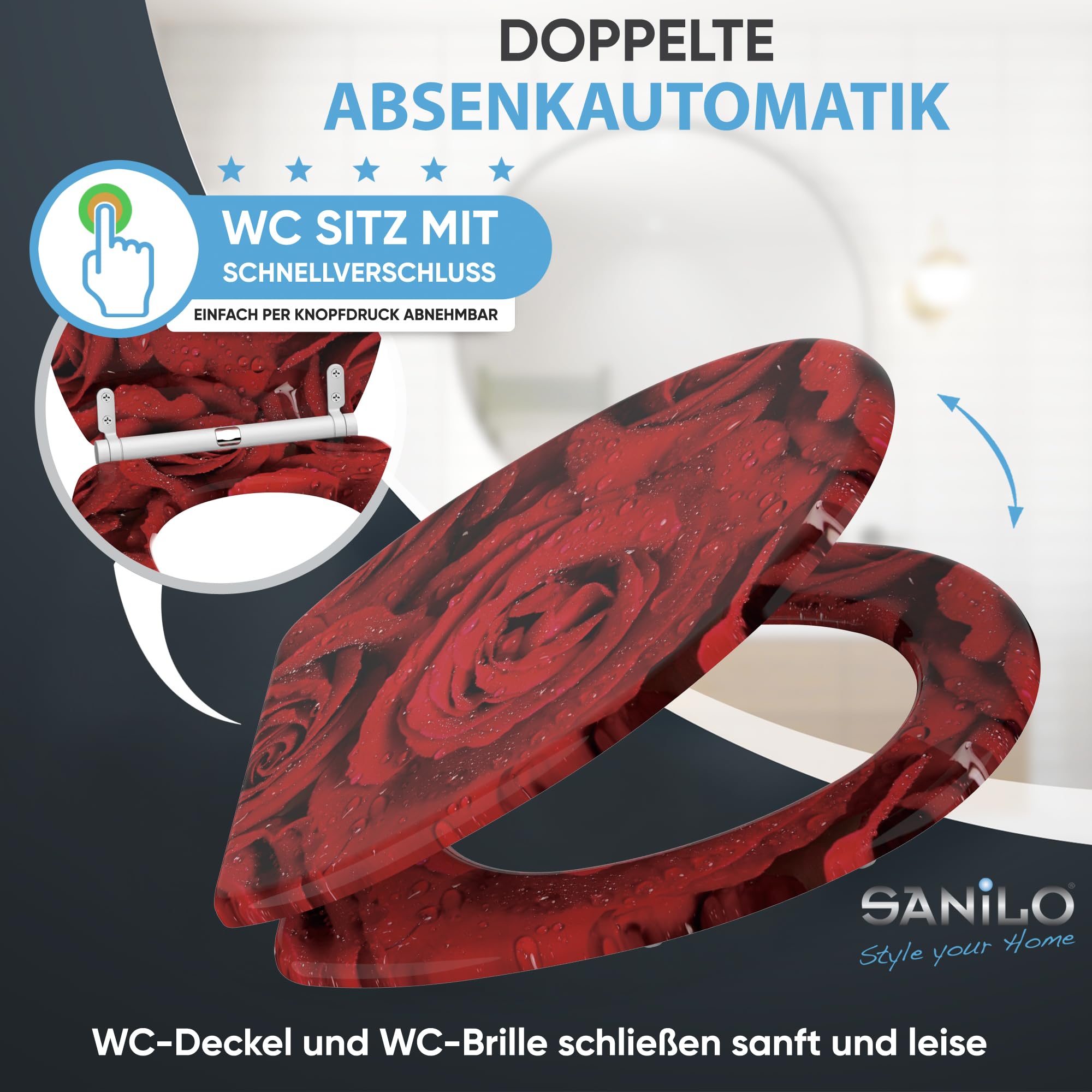 Sanilo WC Sitz mit Absenkautomatik & Quick-Release aus Holz, Rosen
