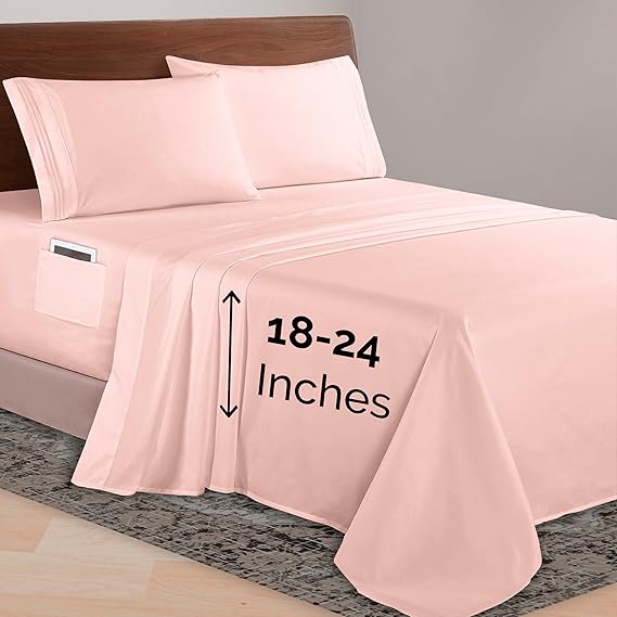 Elegant Comfort Luxurious 1500 Premium Hotel Quality Microfiber 4-Piece Sheet Set, 18-24 Inches Deep - Extra Deep Pocket Sheets - Ultra Soft 4PC Deep Pocket Sheets, King, Blush