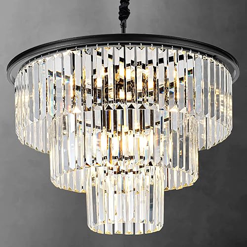 brfaixla 12 luces 23.64" Lámpara de araña de cristal moderna negra, lámpara colgante de techo de cristal, lámpara de araña de 3 niveles para