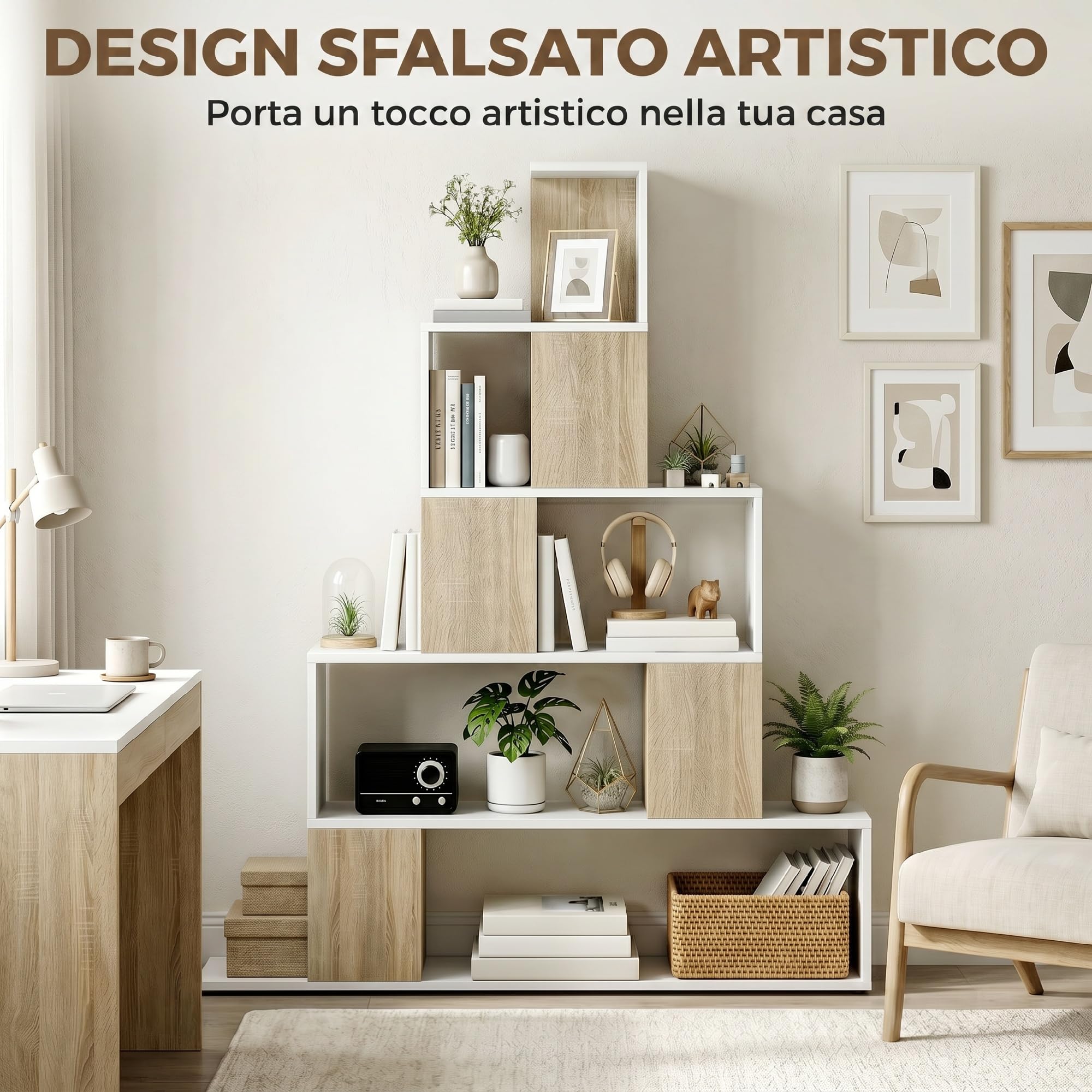 HOMCOM Libreria Cubo, Scaffale a 5 Ripiani con Design a Gradini, Libreria Geometrica per Soggiorno, Studio, Camera da Letto, Bianco e Naturale