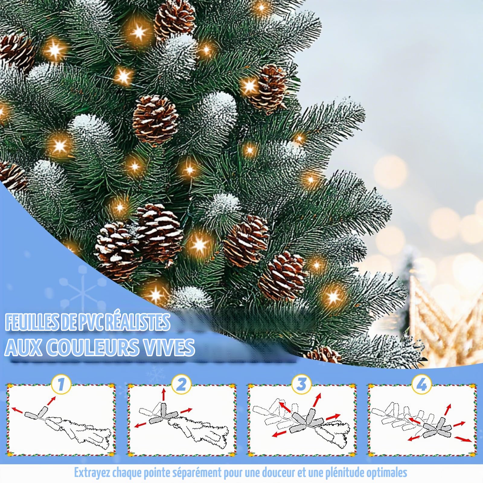 Sapin de Noël Lumineux 150 cm, Pommes de pin et 367 Branches, Sapin Artificiel en PVC avec Guirlande Lumineuse, 8 Fonctions Lumineuses, Support métallique, pour l'intérieur et l'extérieur
