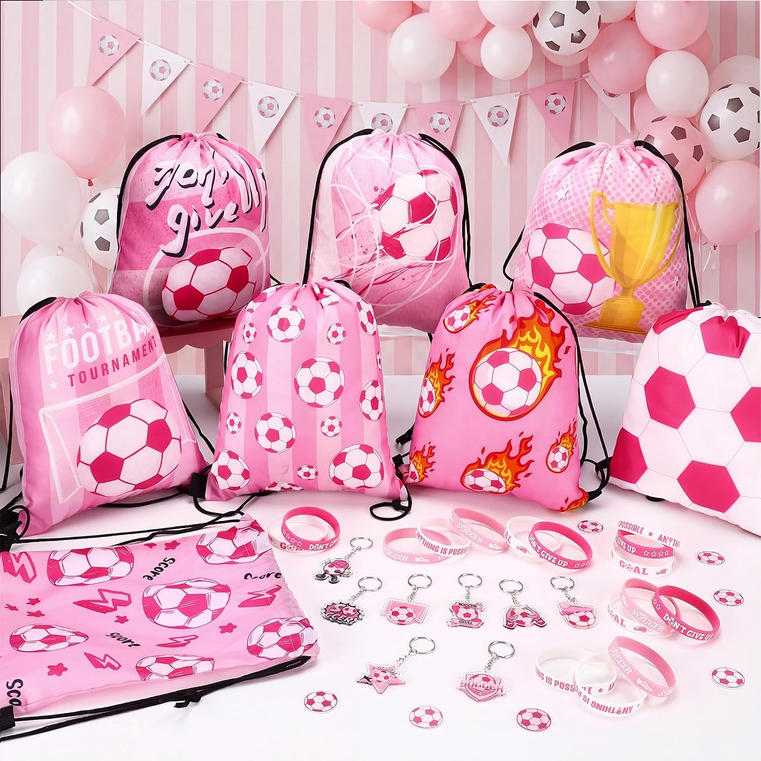 Talltalk 48 Pcs Pink Soccer Party Favors for Girls Soccer Team Gift Gifts Sets Toys 16 Sets Pink Goodie Bag Stuffers Drawstring Backpack Candy Snack Bag Wristband Keychain Birthday Party Supplies