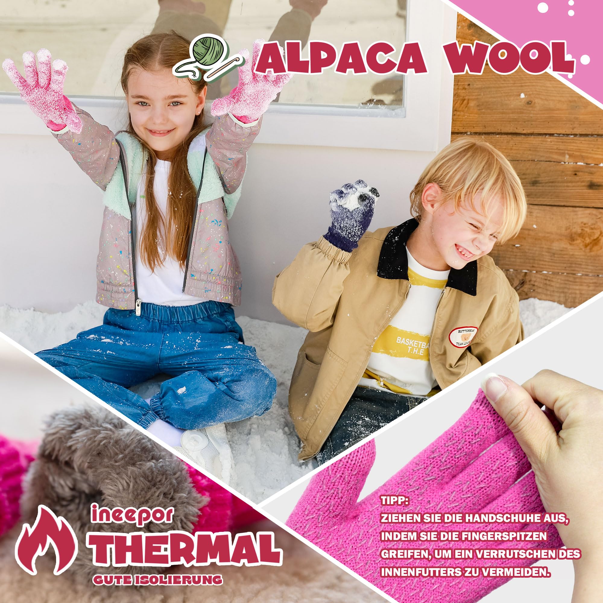 ineepor Unisex Handschuhe Kinder Fleece für Jungen Mädchen - Touchscreen Thermo Winter Kinderhandschuhe Warm & Gefüttert, Wolle Strickhandschuhe Flauschig Kuschelig für 3-12 Jahre