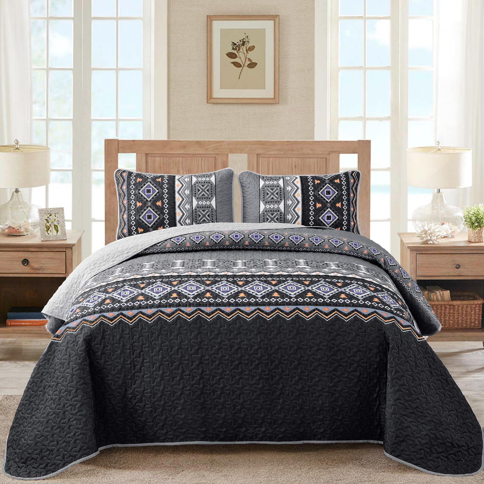 WONGS BEDDING Boho Quilt Set Black Grey Queen Quilt Set with 2 Pillow Cases Bohemian Bedding Set Geometric Print Lightweight 97"x88" — image 1