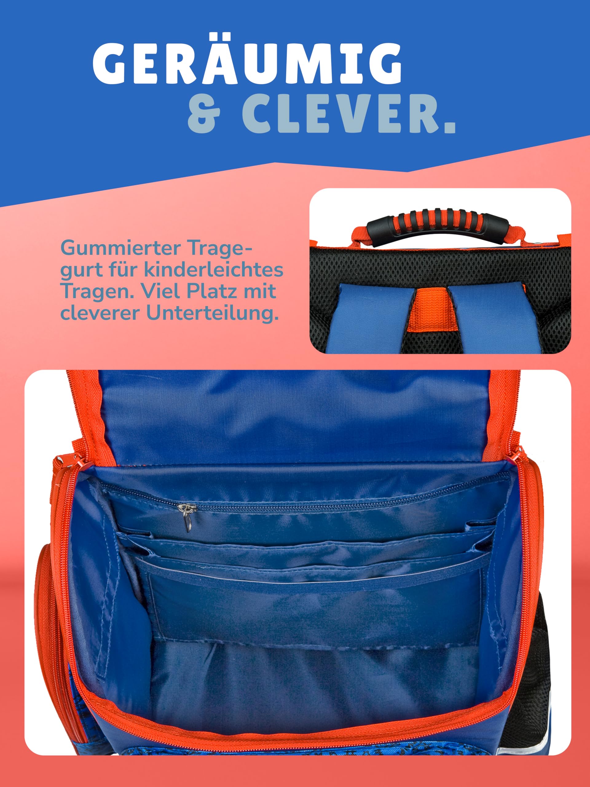 Familando - Schulranzen Set CLOU - 9-teilig mit Sporttasche - Marvel Spiderman - Ergonomisch, stabil & mit gepolstertem Rücken - 930g leicht - 15L Volumen - Mit Reflektoren - ab 1. Klasse