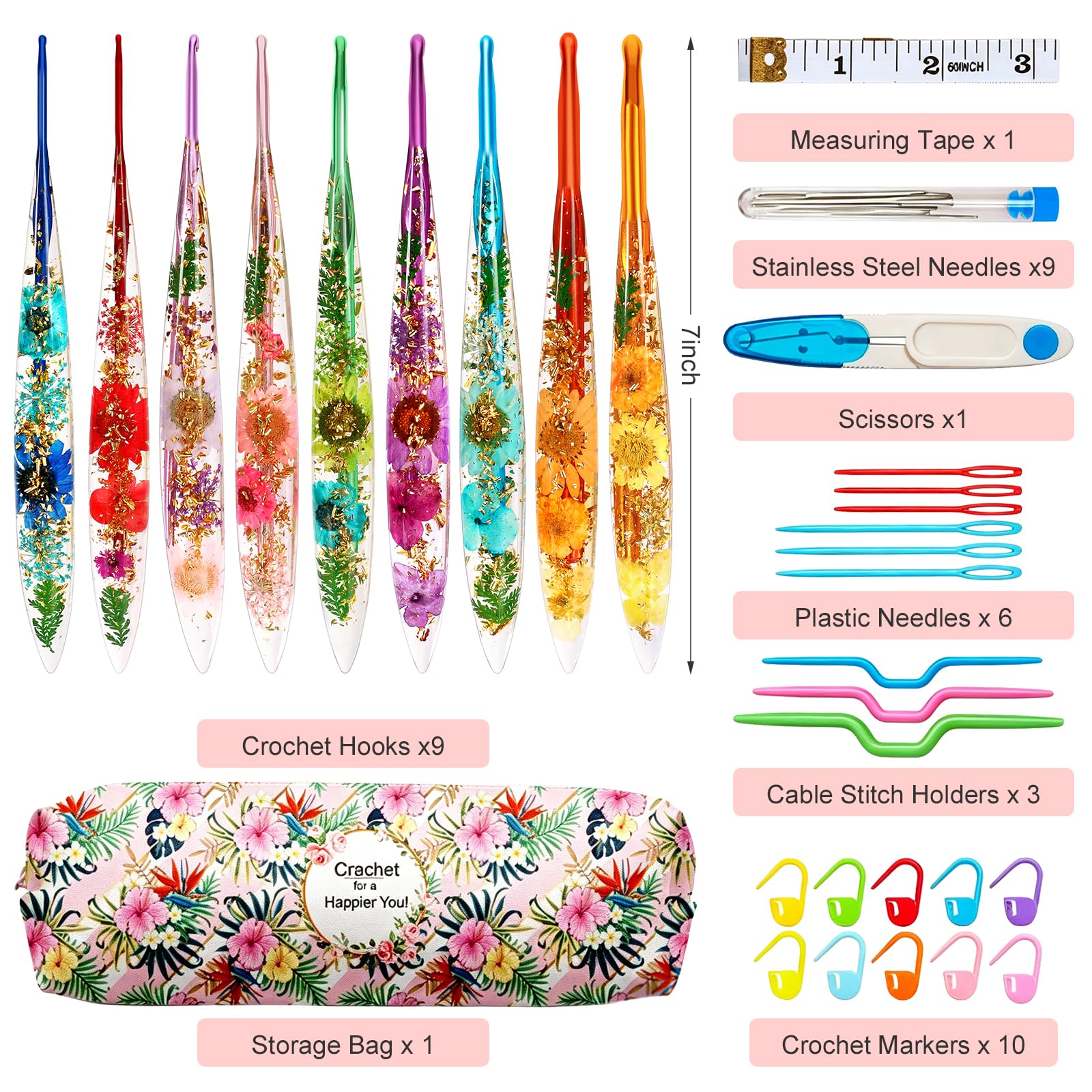 Häkelnadel Set, 9 Stück Häkelset für Anfänger Erwachsene, 2-6 mm Häkel Set Stricknadeln mit Ergonomische Epoxidharz Comfort Grip, Weichen Griff Häkelnadeln mit Funkelndem Blumenmuster