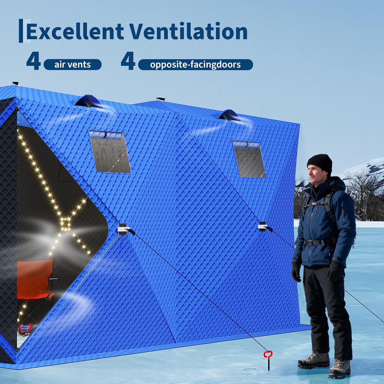 Portable Ice Fishing Shelter - 49Ft LED Light, Windproof Hub Tent, Spacious Fishable Area Fits 2-4