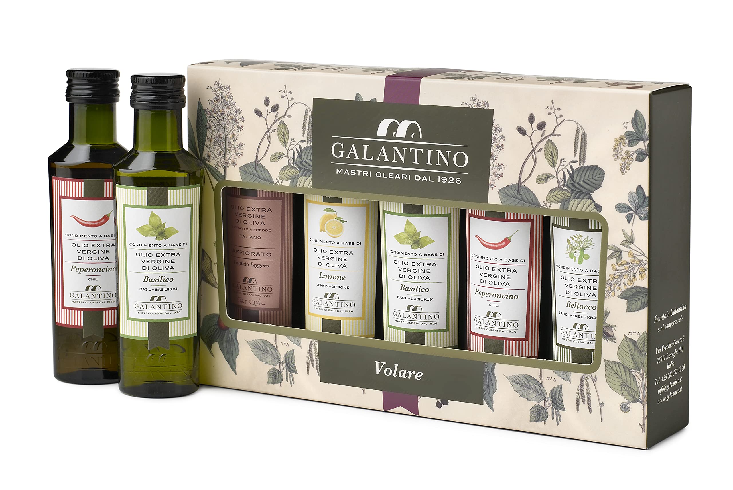 Confezione "VOLARE" composta da 5 Bottiglie da 100ml di Condimento a base di Olio Extra Vergine di Oliva Aromatizzato - Limone - Basilico - Peperoncino - Affiorato - Bel tocco alle erbe - Galantino