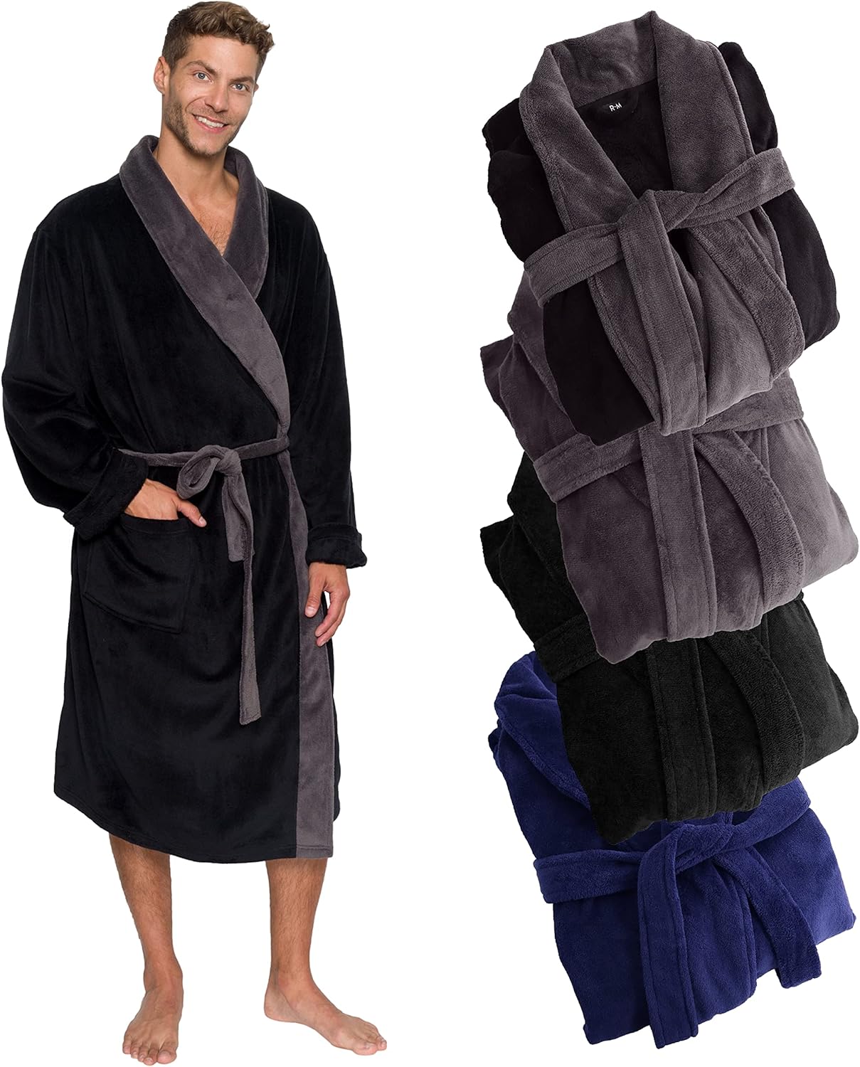 Ross Michaels Mens Robe Shawl Collar Wrap Style - Mid Length Plush Fleece Bathrobe (Jet Black & Gray, Large/X-Large)