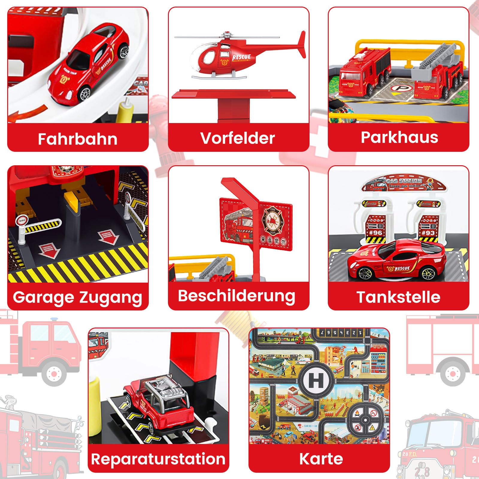 BuzzoXerex 5-stöckige Parkgarage für Kinder, Rennbahn mit 14 Spielzeugautos & 3 Hubschraubern, Parkhaus mit Aufzug, Autorennbahn & Licht‑Sound, Geschenk für Kinder 5–9 Jahre (Brandbekämpfung)