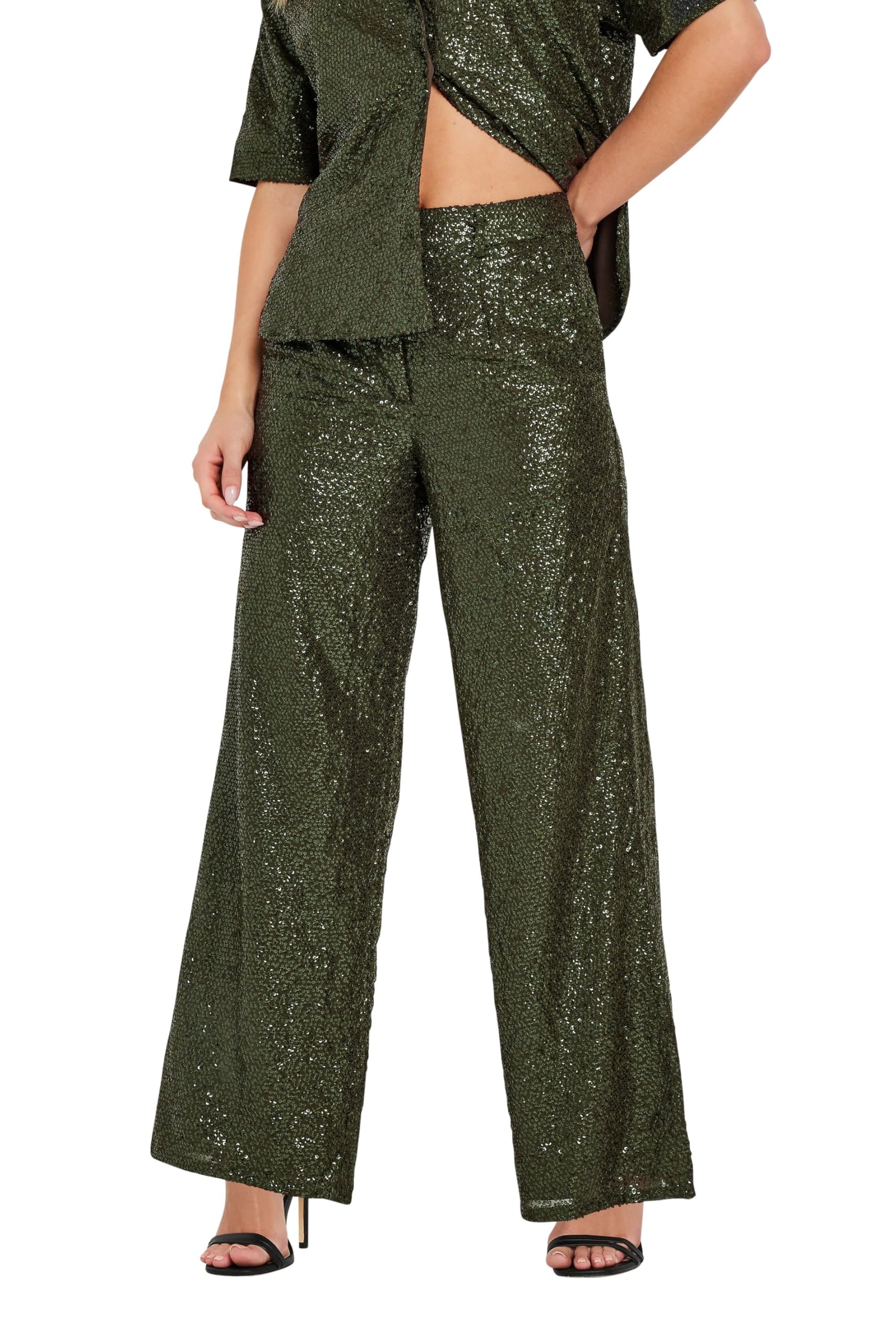 Pixiegirl Women's Khaki Green Sequin Embellished Wide Leg Trousers Petite Size 16
