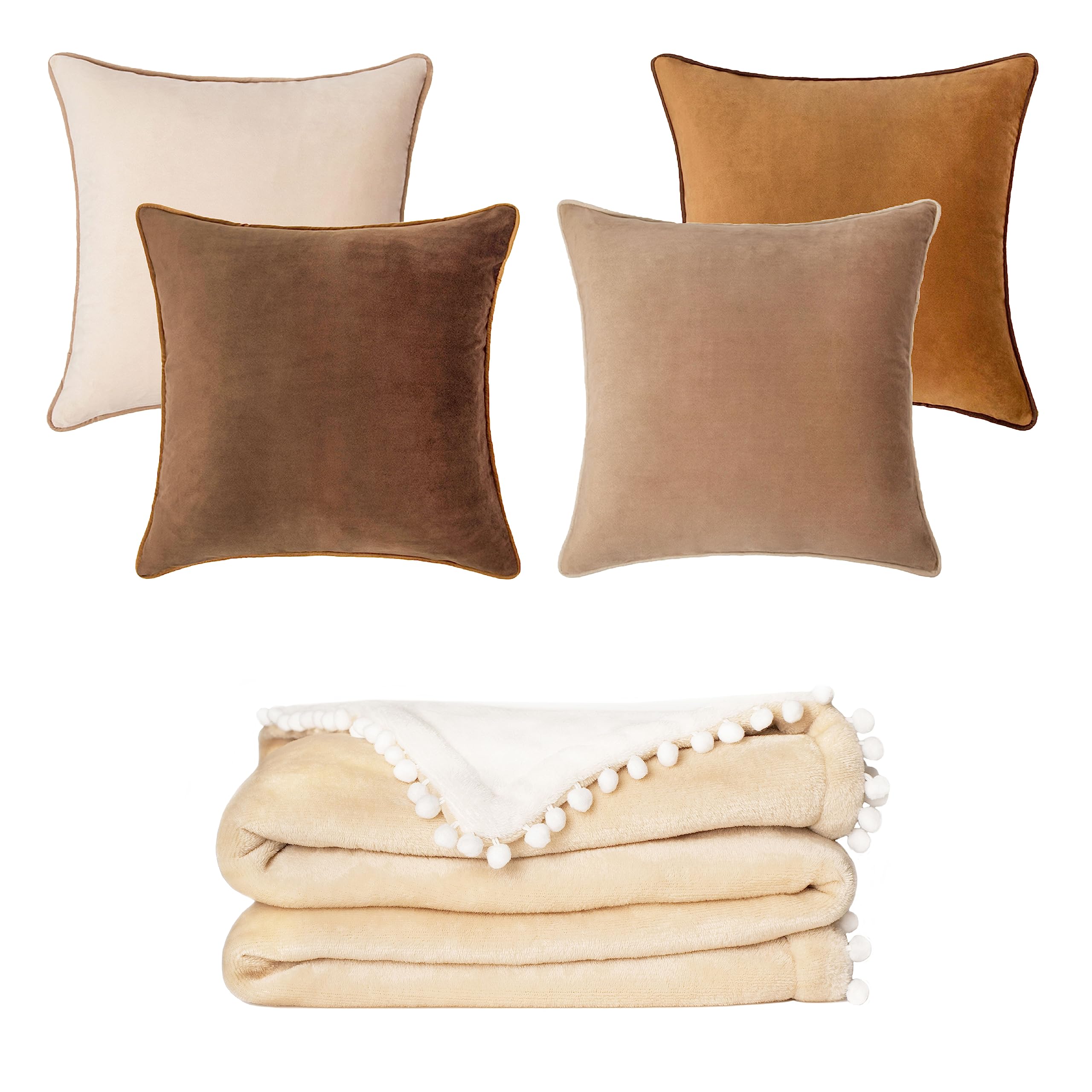 MONDAY MOOSE 18x18 inch Piping Decorative Throw Pillow Covers and 50x60 inch Fleece Throw Blanket, Mix and Match for Home Decor (Brown/Beige, Cream/Light Brown)
