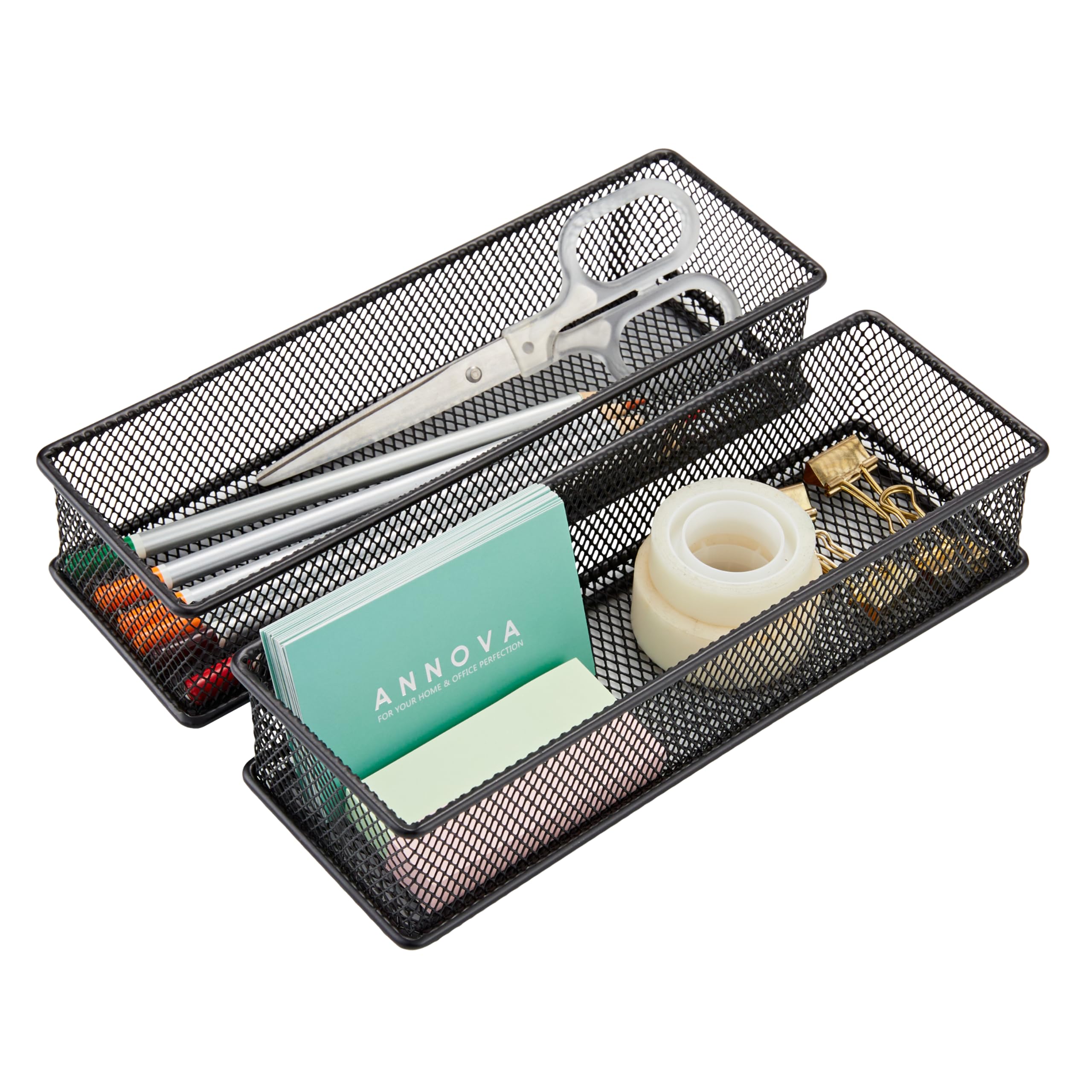 Annova Mesh Stackable Drawer Cabinet and Shelf Organizer Bins Storage Basket School Office Supply Holder Tray- Set of 2 (Black, 3x9x2 Inch)