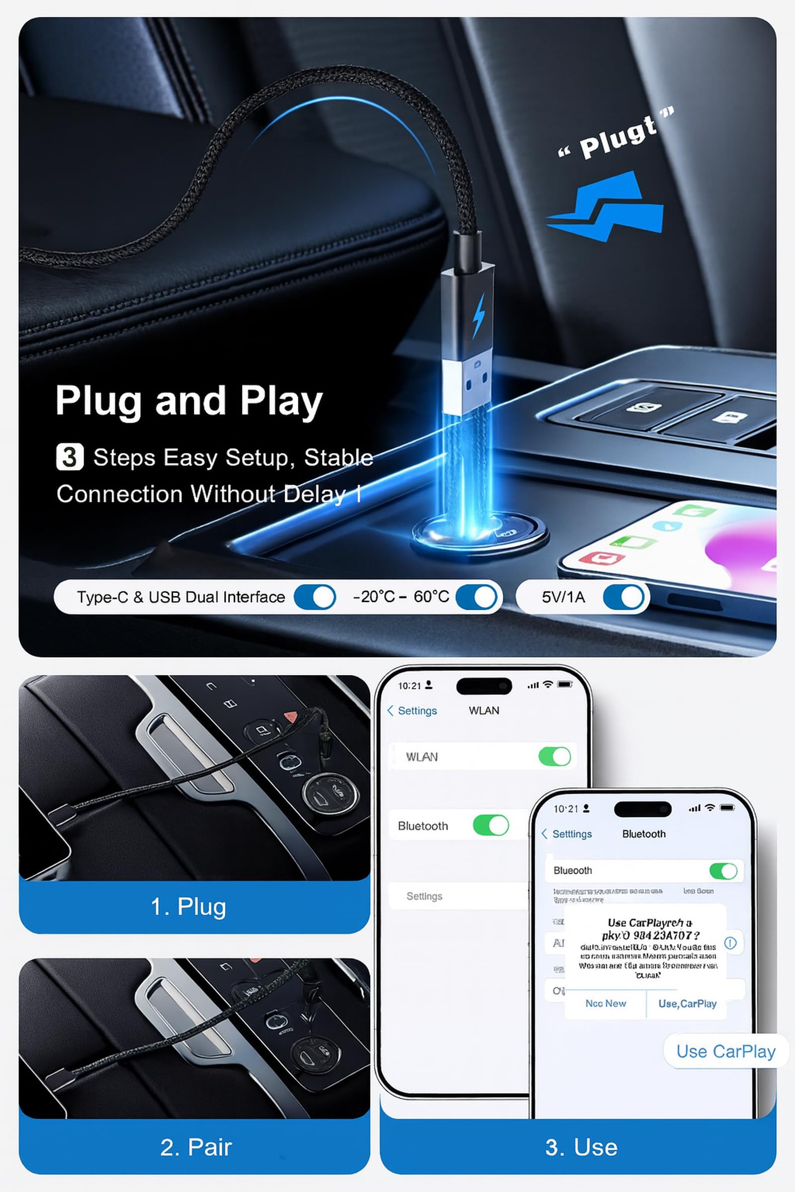 AI Box – bezprzewodowy adapter CarPlay i Android Auto | dwuzakresowe WiFi | Wyjście HDMI 4K | System Android 12.0 | Bluetooth 5.0 | 4 GB+32 GB | Plug & Play dla pojazdów OEM CarPlay