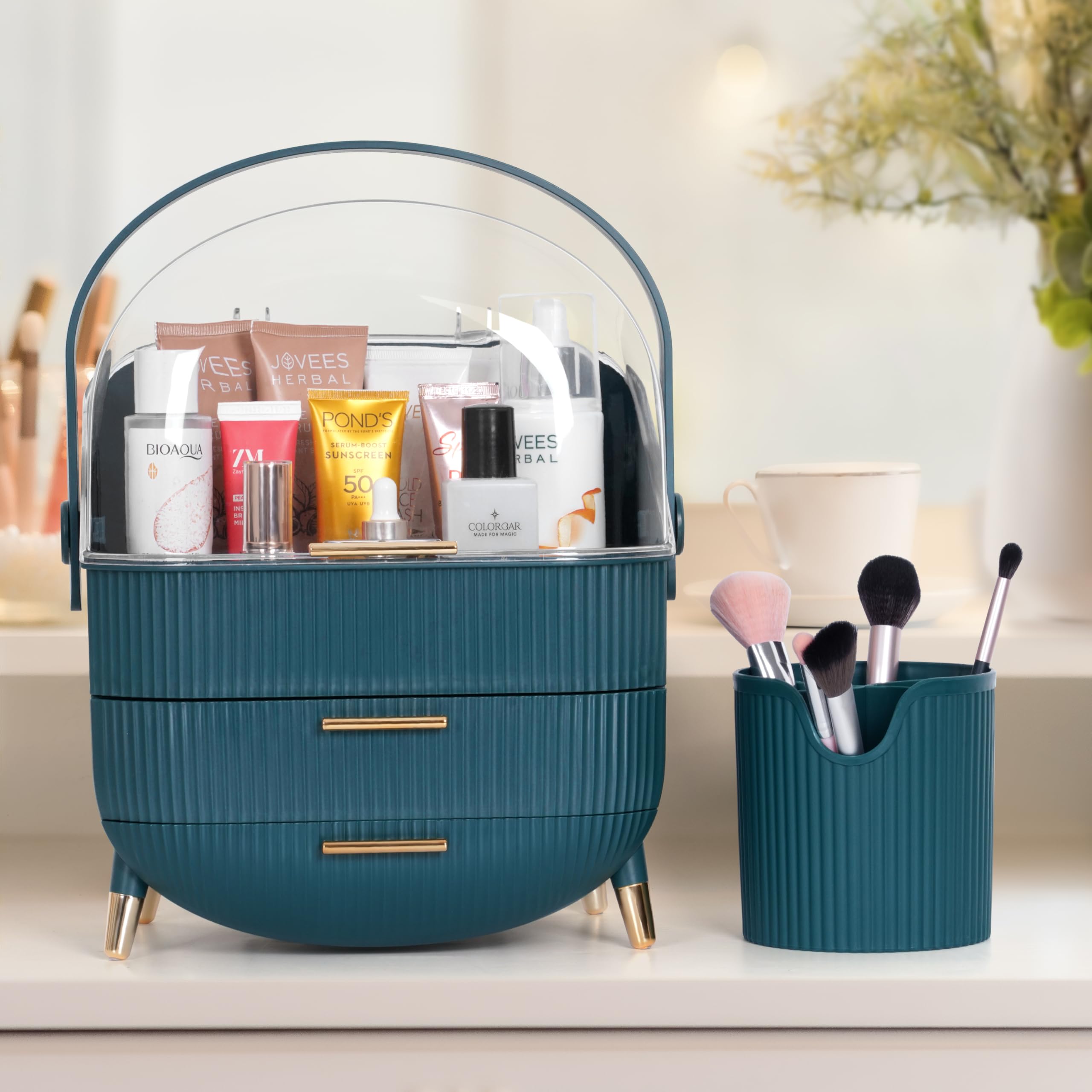 Winter Shore Organisateur Pinceaux Maquillage Rotatif 360° Avec Couvercle Anti-Poussière – 6 Compartiments