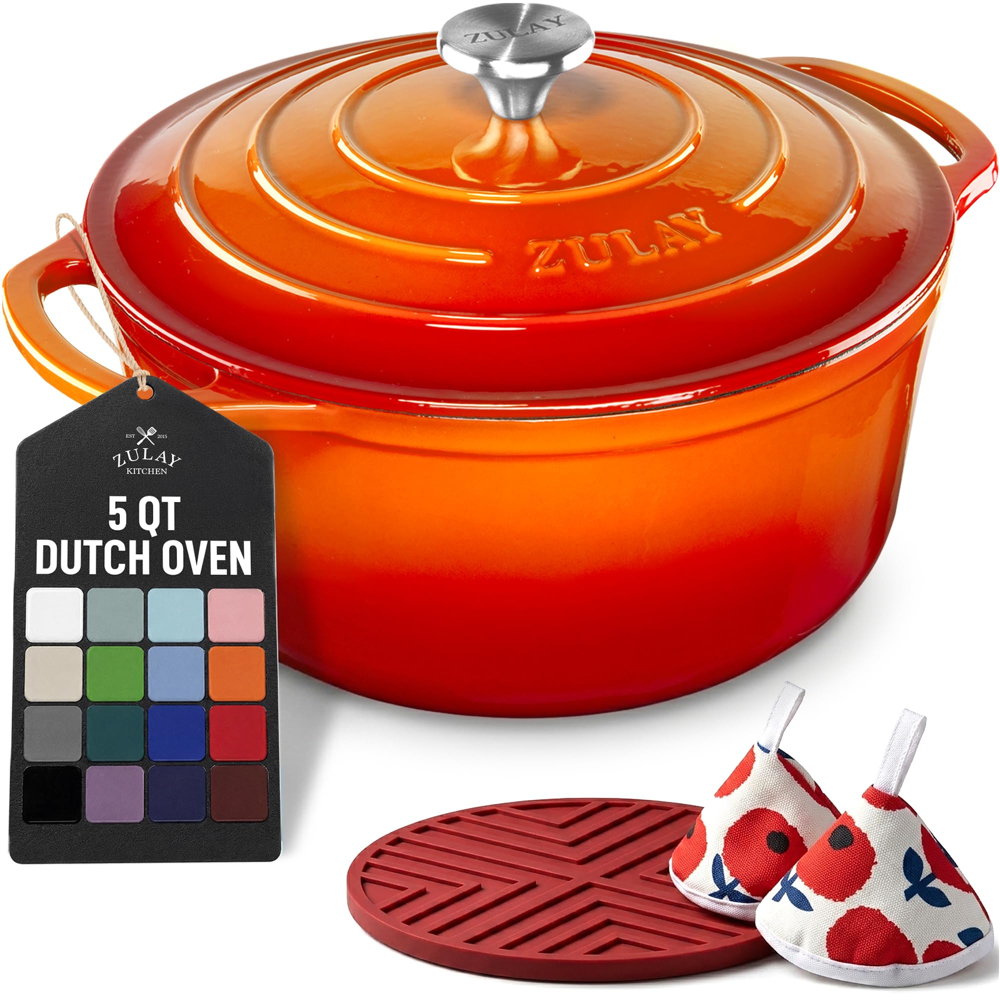 Zulay Kitchen 5 Quart Enameled Cast Iron Dutch Oven Pot with Lid – Premium Durability &amp; Oven Safe up to 500°F – Heavy Duty Cookware Perfect for Bread Baking, Stews, Braising &amp; Roasting – Orange
