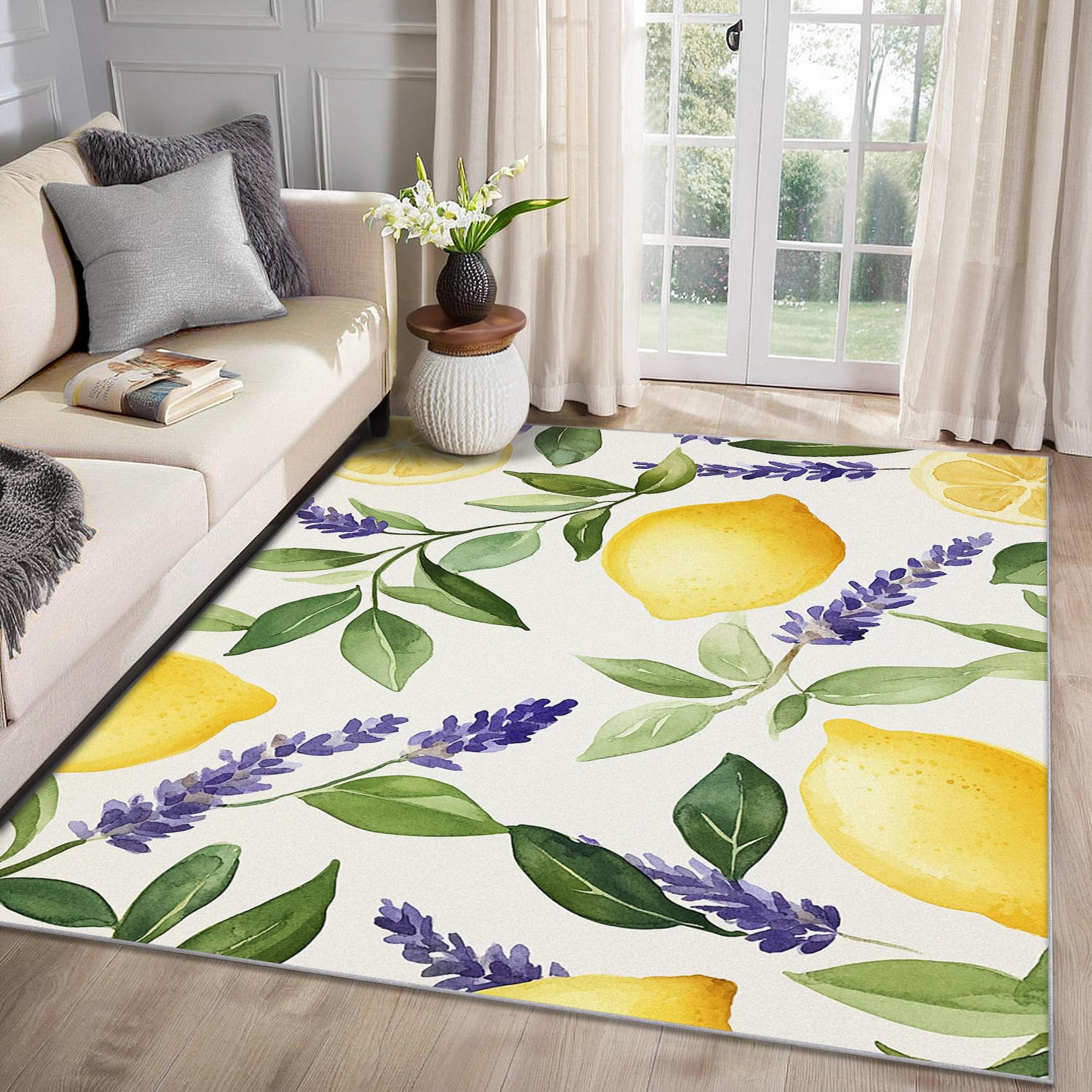 MMYAOKEN Lemon Rugs for Kitchen - Lemon Rug 140 x 200, Lavender Summer Citrus Fruit Patterned Area Rugs for Living Room Bedroom, Machine Washable Non Slip Soft Carpet, Tropical Fruits Home Decor