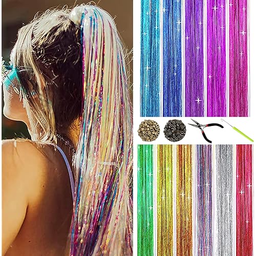 BEFUNNY Hair Tinsel—11 Colors Hair Tinsel Kit For Girls/Kids, Sparkle Fairy Hair Extensions Heat Resistant With Tools,46 Inch 2200 Strands Tinsel Hair Extensions Accessories for Christmas Party