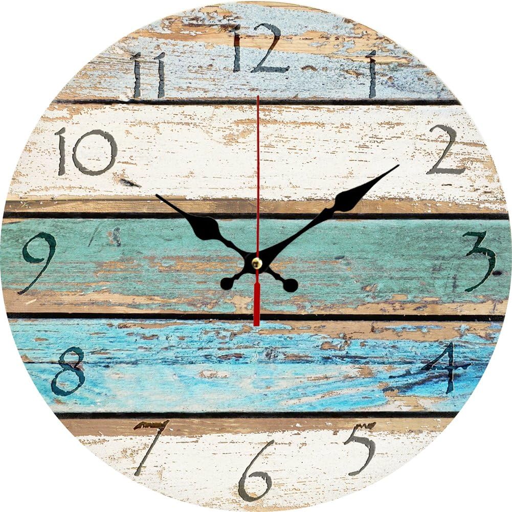 Yung Jo 12" Vintage Arabic Numerals ,Shabby Beach, Weathered Beachy Boards Design ,Ocean Colors Old Paint Boards Printed Image, Rustic Mediterranean Style Wooden Decorative Round Wall Clock (Sky)